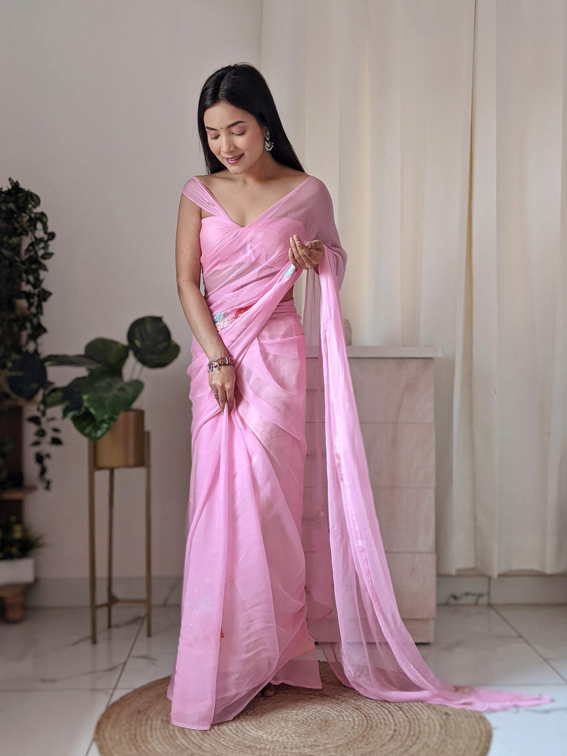 Bright Pink Chiffon Saree with Designer Sequin Buttis