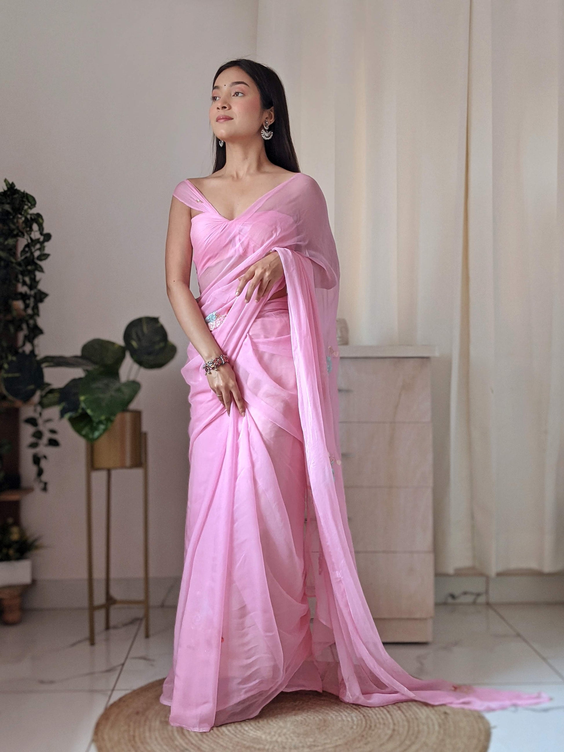 Bright Pink Chiffon Saree with Designer Sequin Buttis