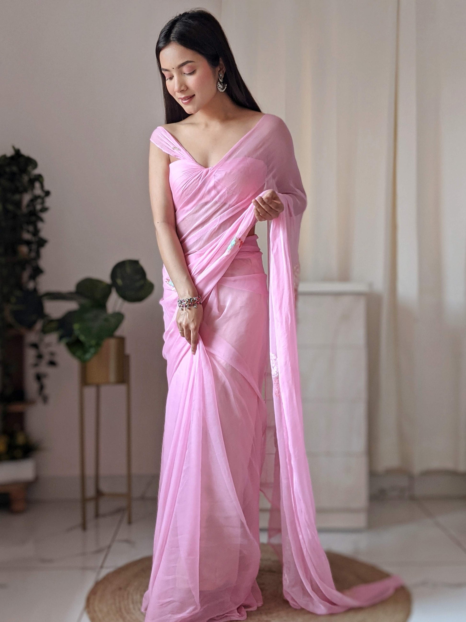 Bright Pink Chiffon Saree with Designer Sequin Buttis