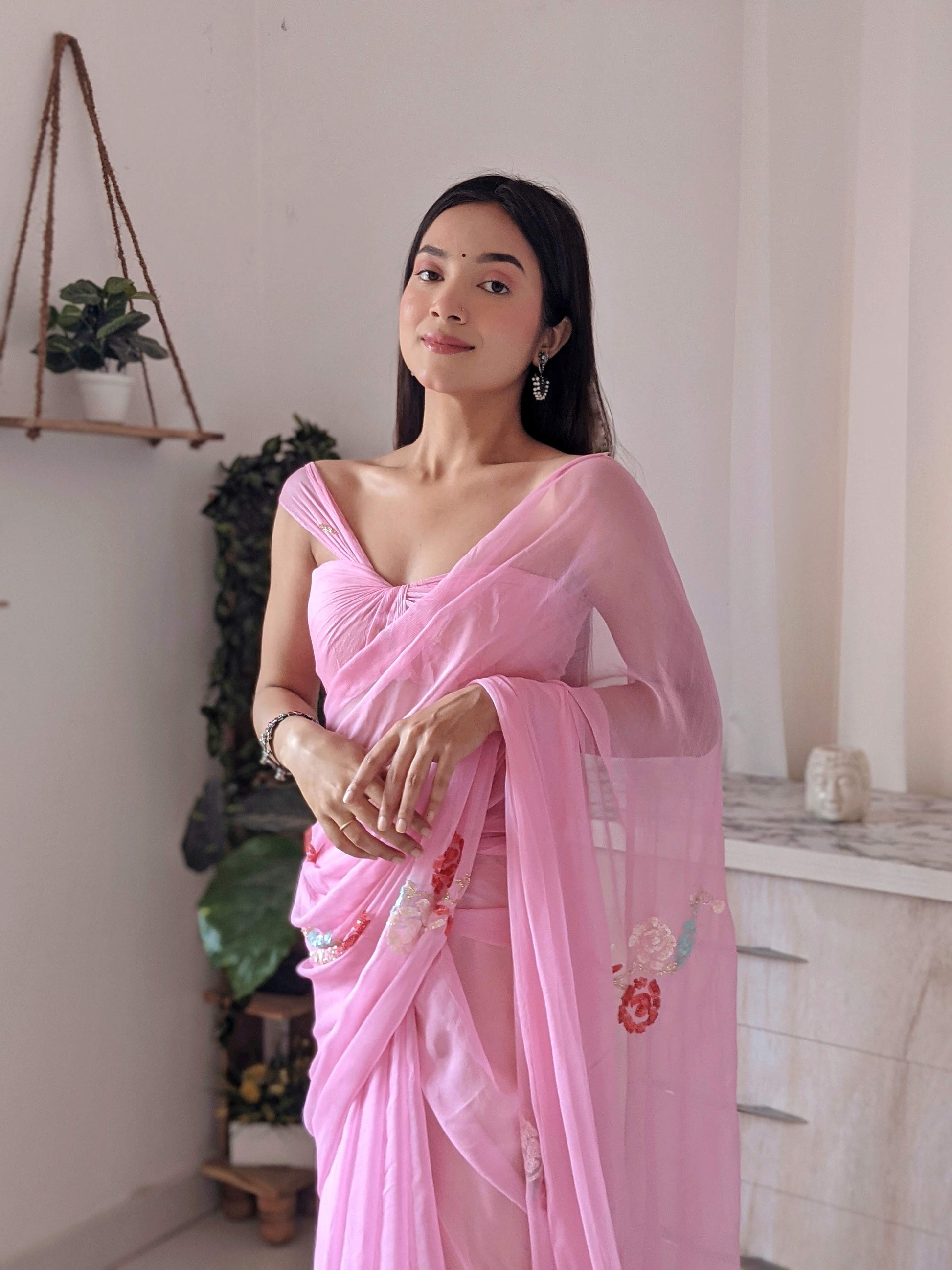 Bright Pink Chiffon Saree with Designer Sequin Buttis