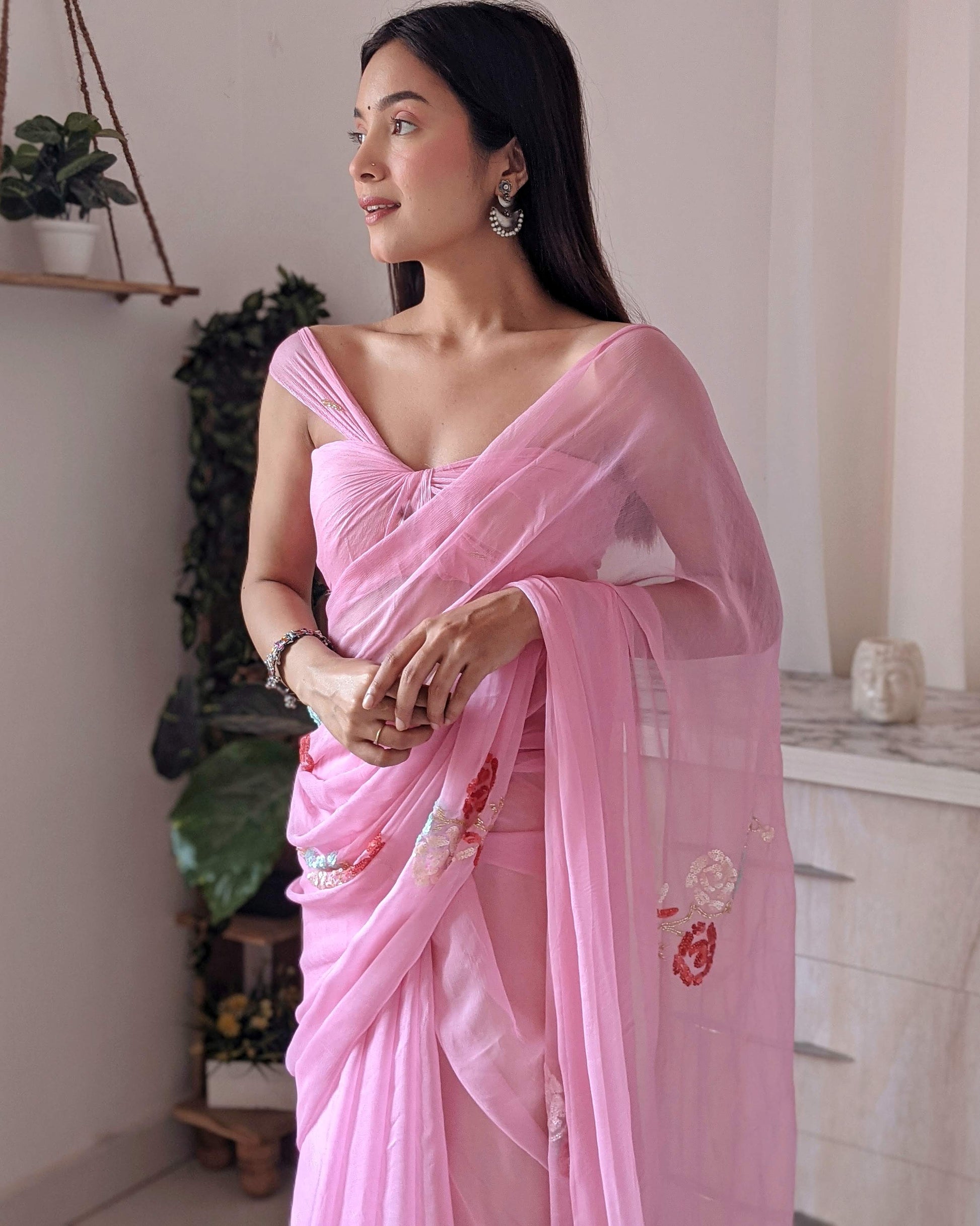 Bright Pink Chiffon Saree with Designer Sequin Buttis