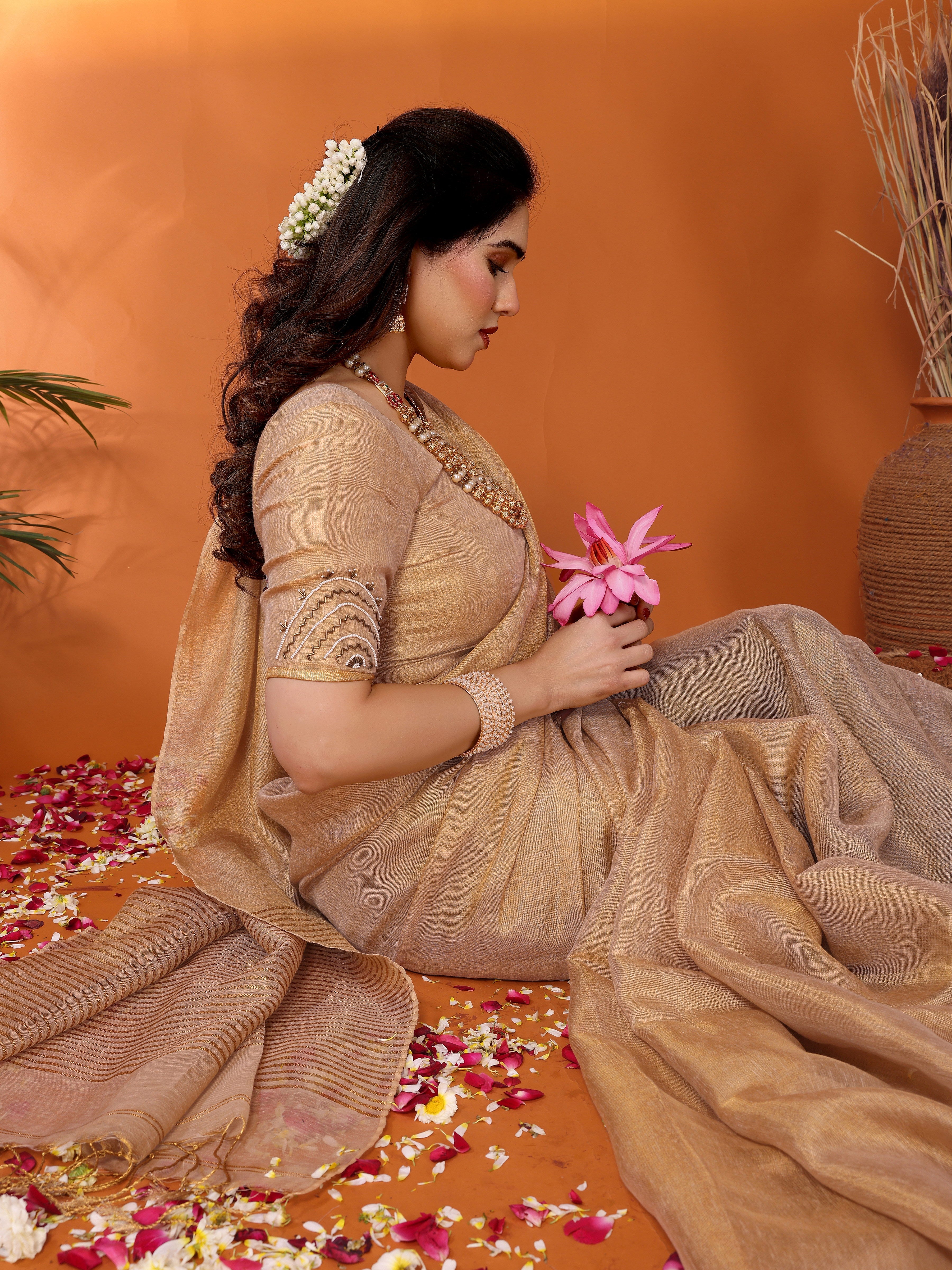Enchanting Golden Beige Tissue Linen Shakuntala Saree Hand Embroidery