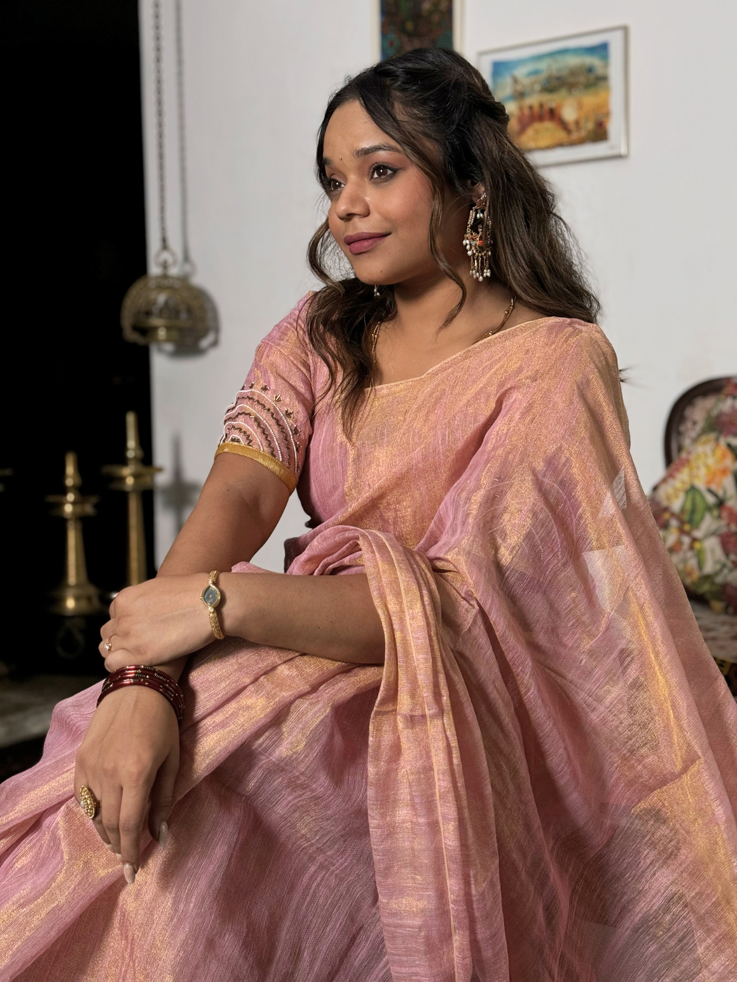 Classic Onion Pink Cotton Tissue Zari Weave Saree Hand Embroidery