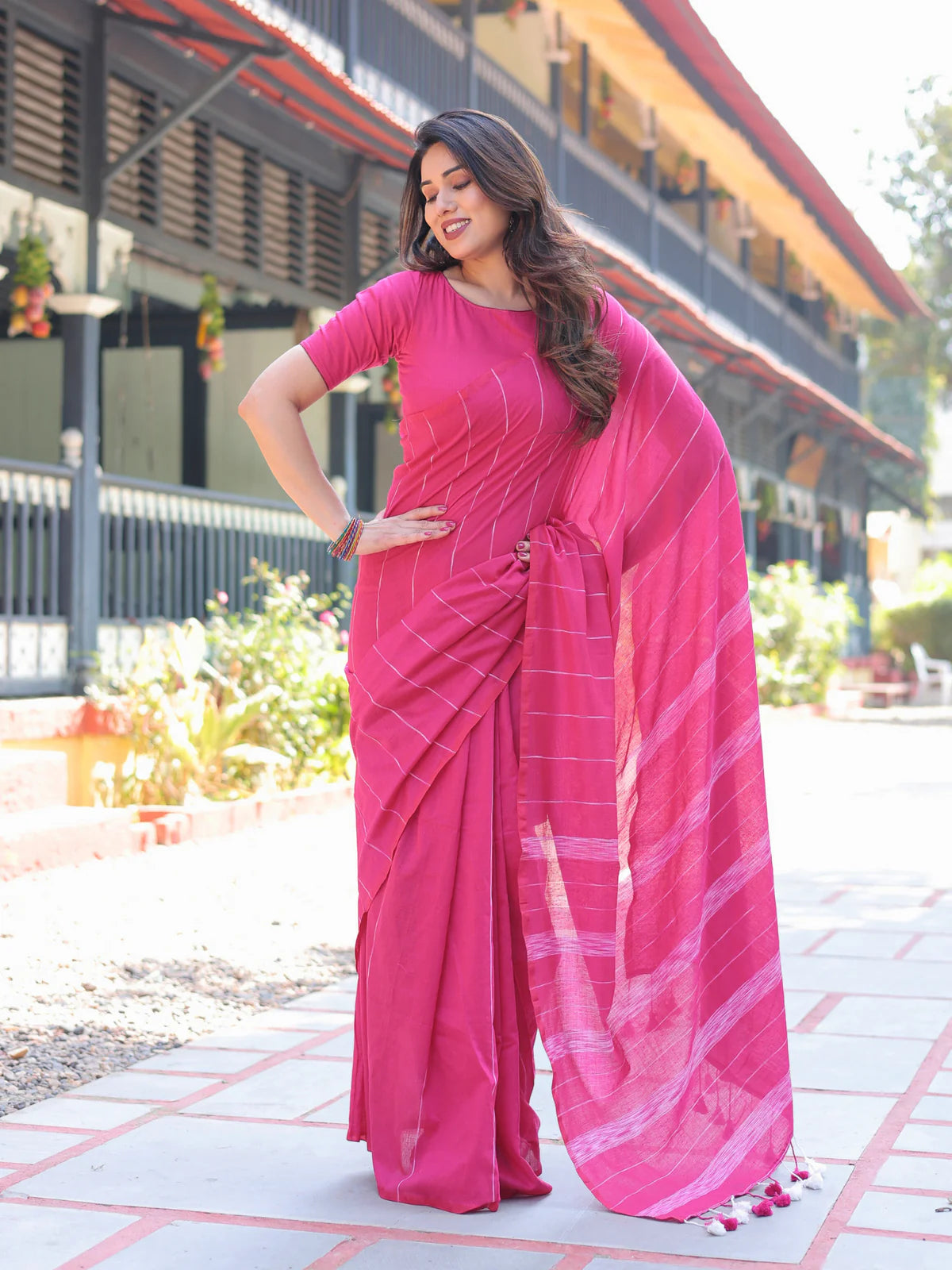 Stunning Rani Pink Kotki Cotton Gulabi Saree Tassels