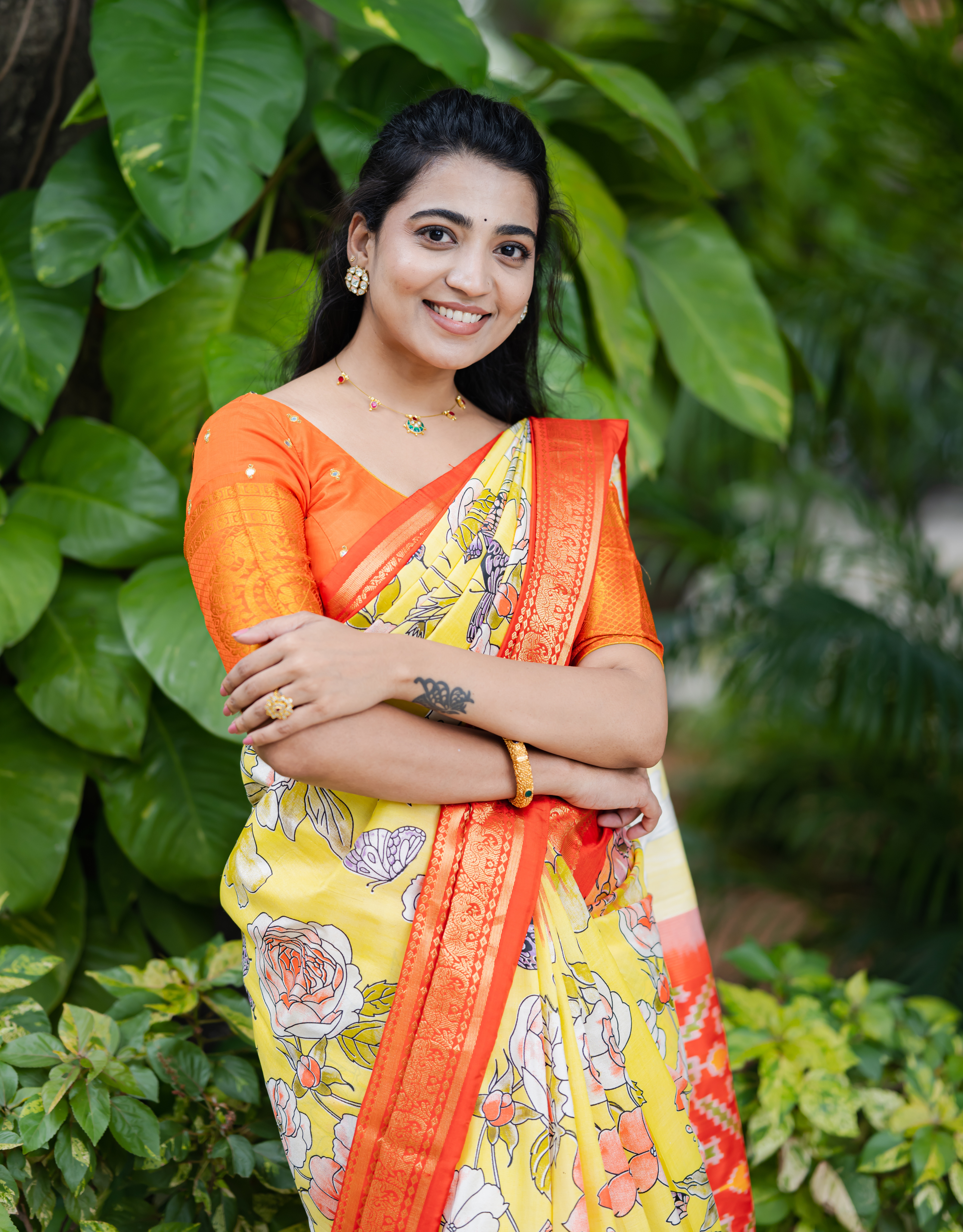 Yellow Orange Ikat Kanchi Printed Saree Floral Gold Zari Border