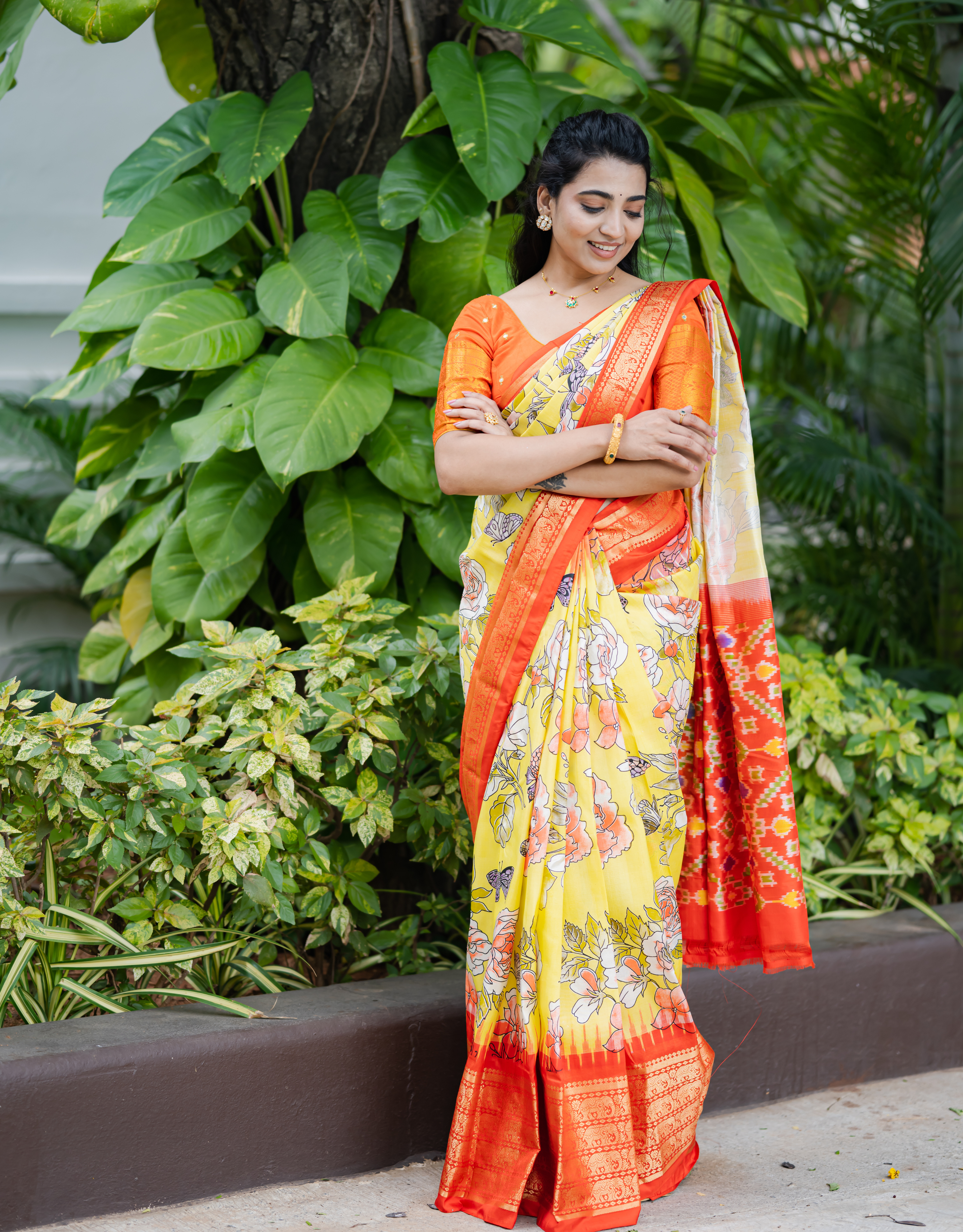 Yellow Orange Ikat Kanchi Printed Saree Floral Gold Zari Border
