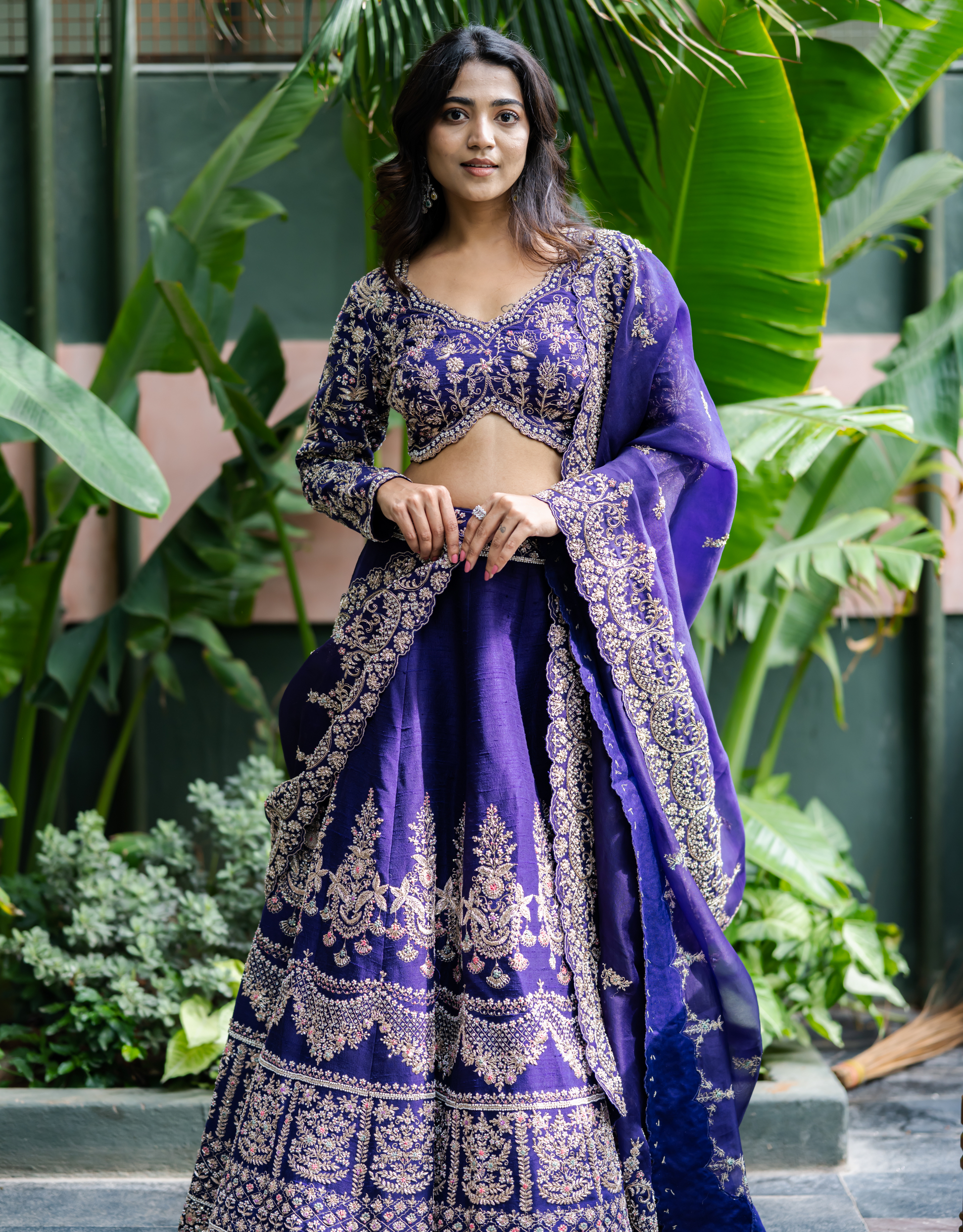 Purple Raw Silk Lehenga Zardosi Pearls Beads Organza Dupatta