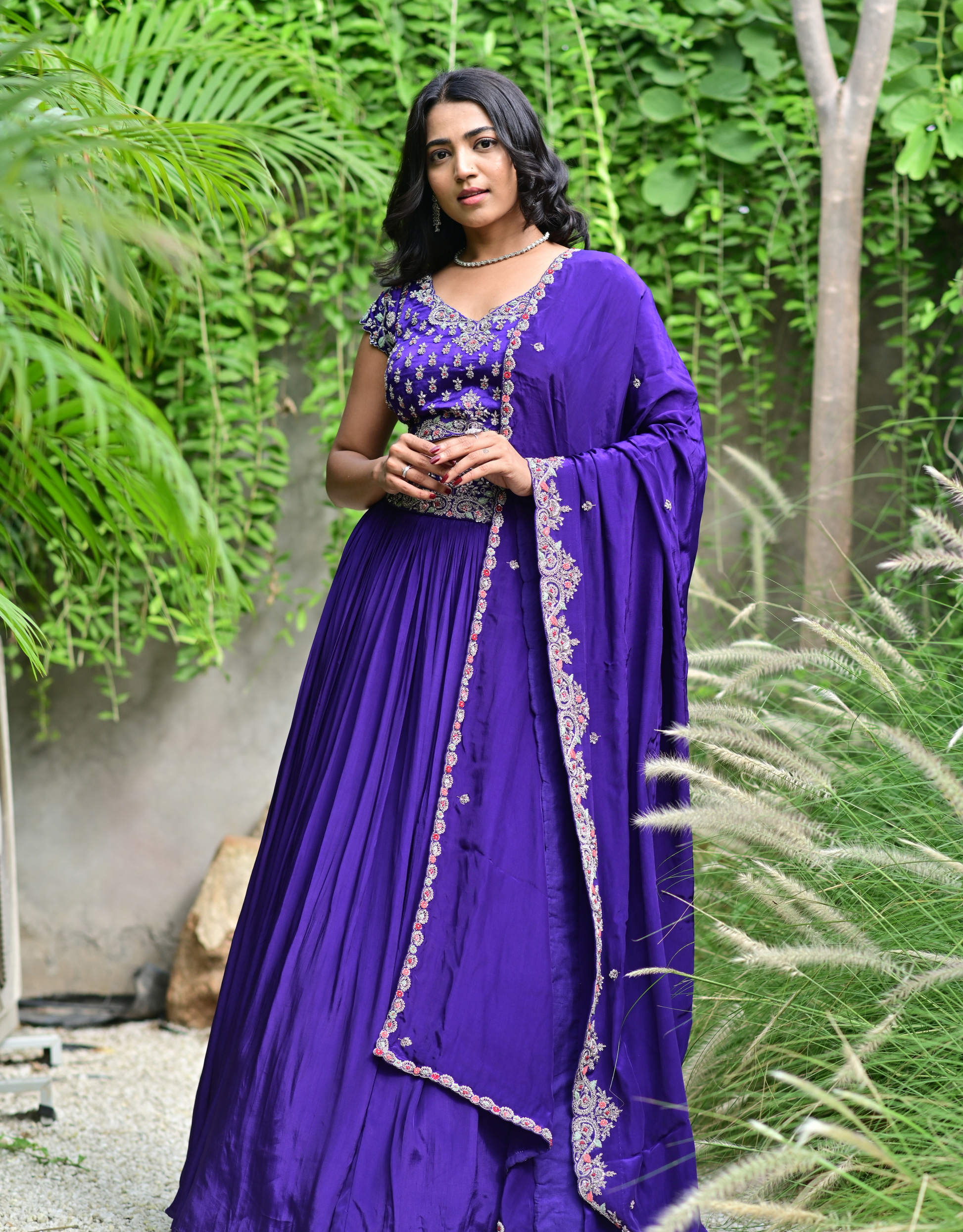 Purple Silk Lehenga Zardosi Blouse Stones Beads Dupatta