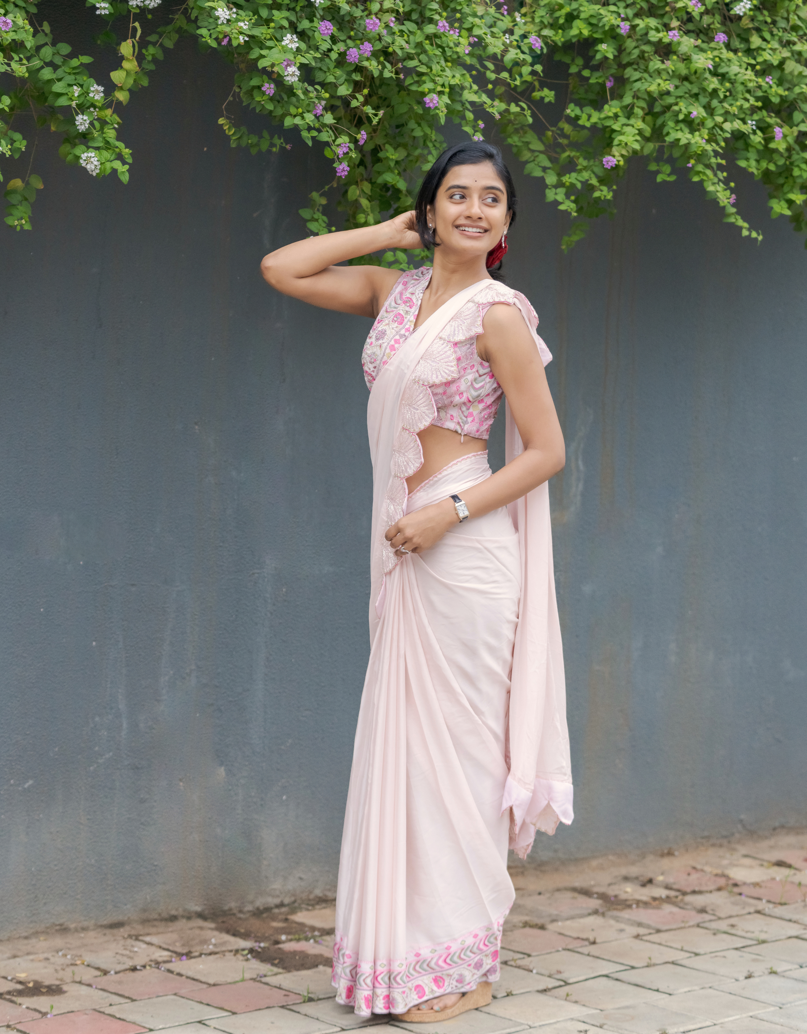Blush Pink Georgette Saree Cutdana Scallop Border Printed Blouse