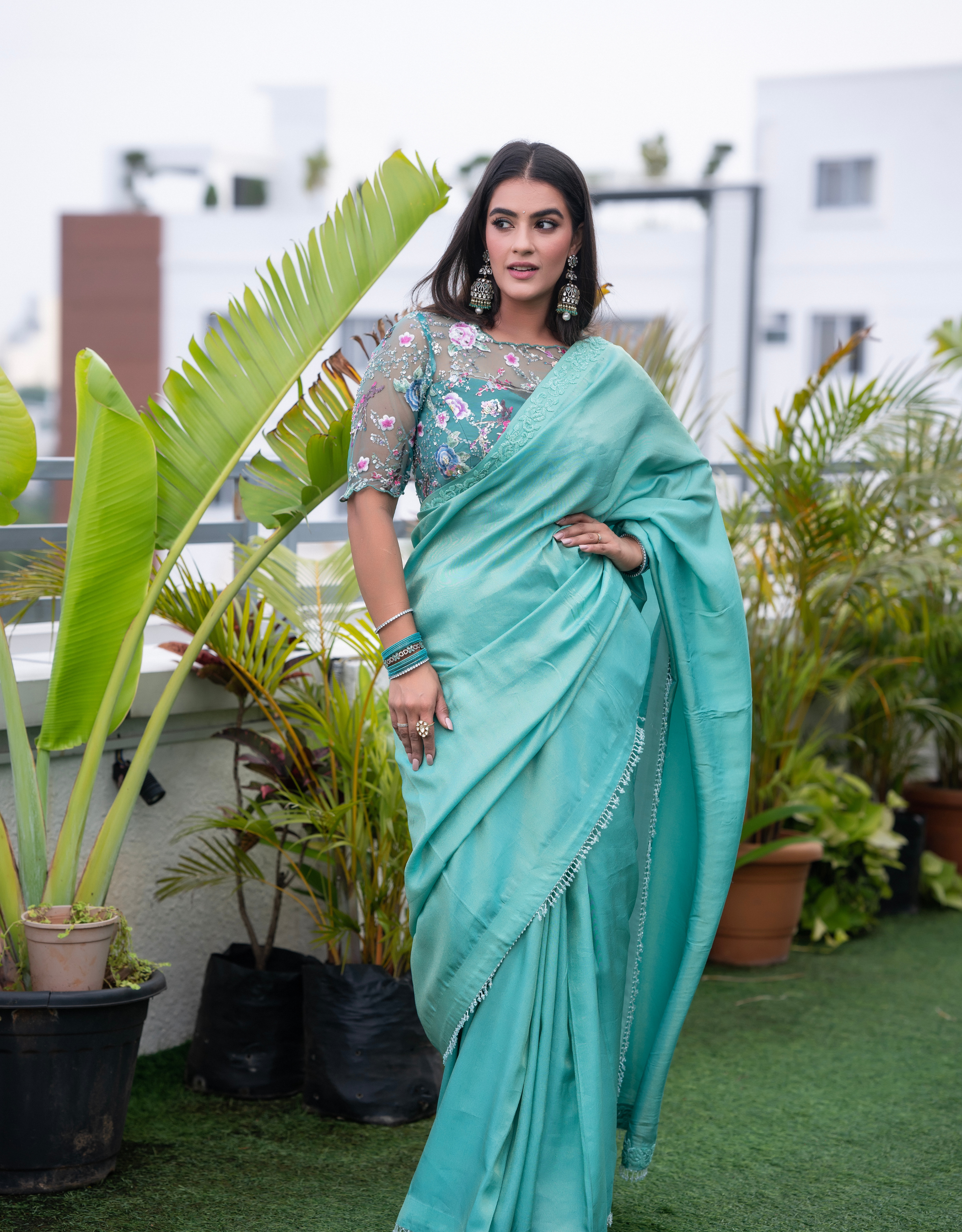 Sea Green Pastel Mint Tissue Saree Floral Embroidered Blouse