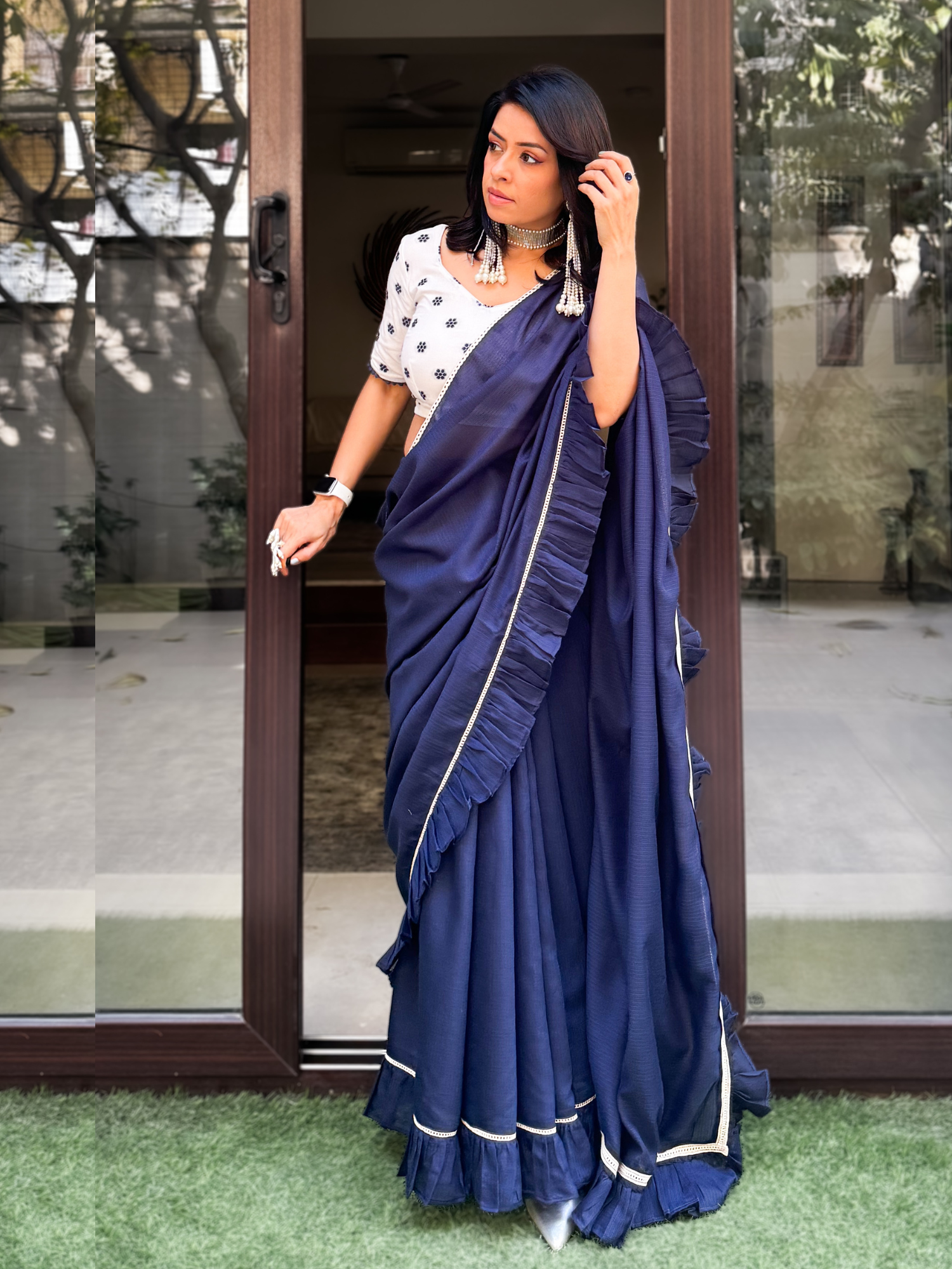 Stylish Navy Blue Kota Cotton Check Ruffle Saree - Himadri