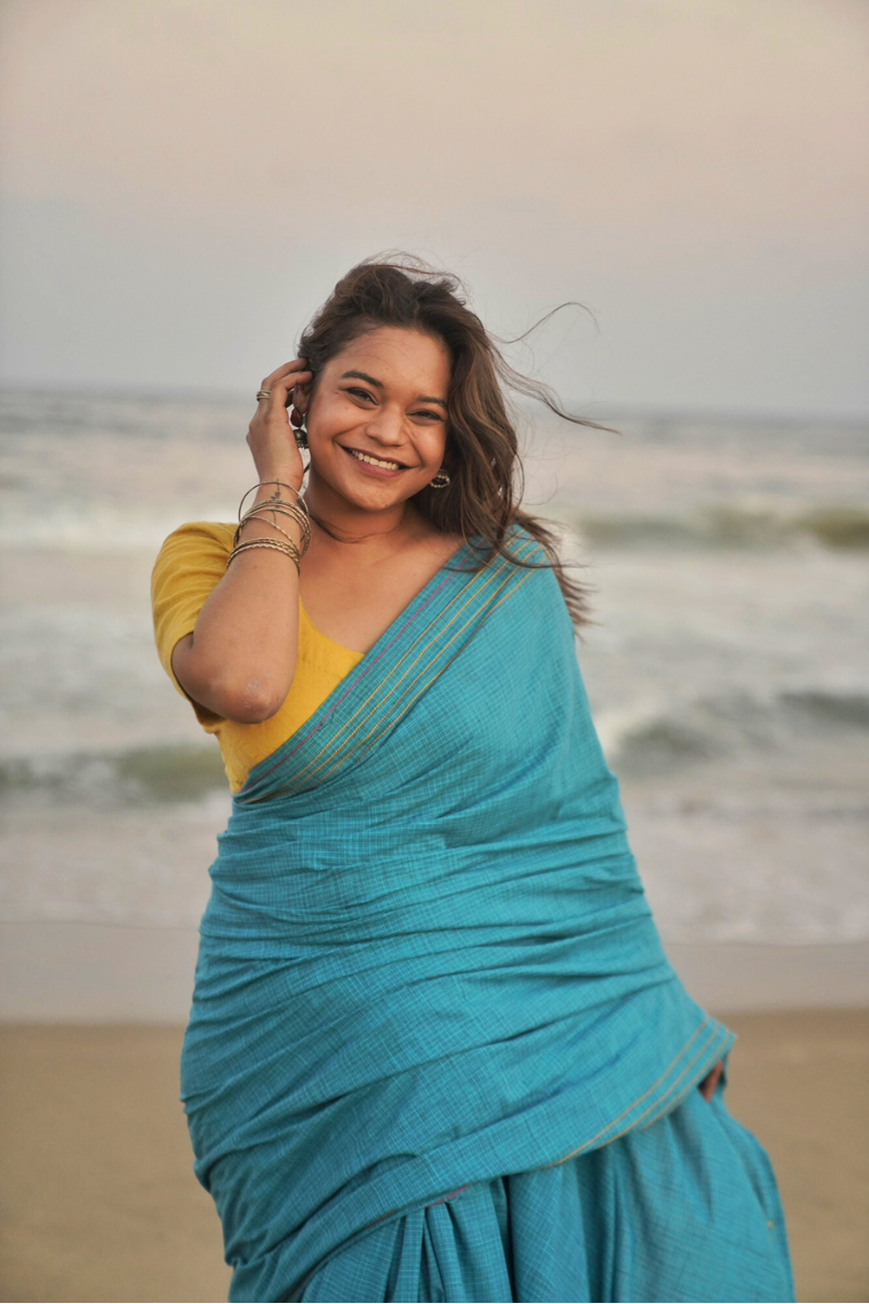 Unique Teal Blue Cotton Check Saree Anchor Thread Border