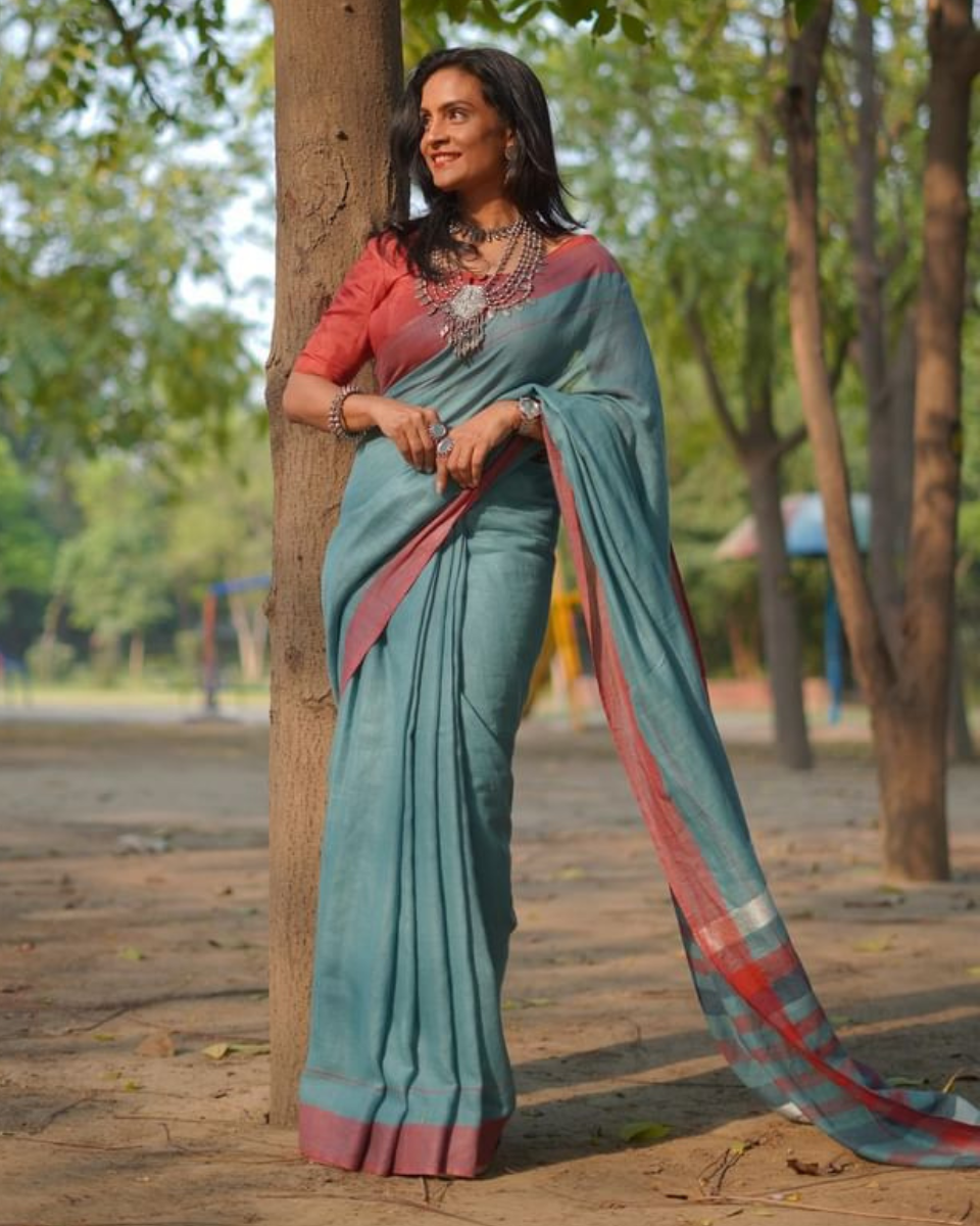 Summer Sea Green Red Linen Cotton Texture Saree - Esha
