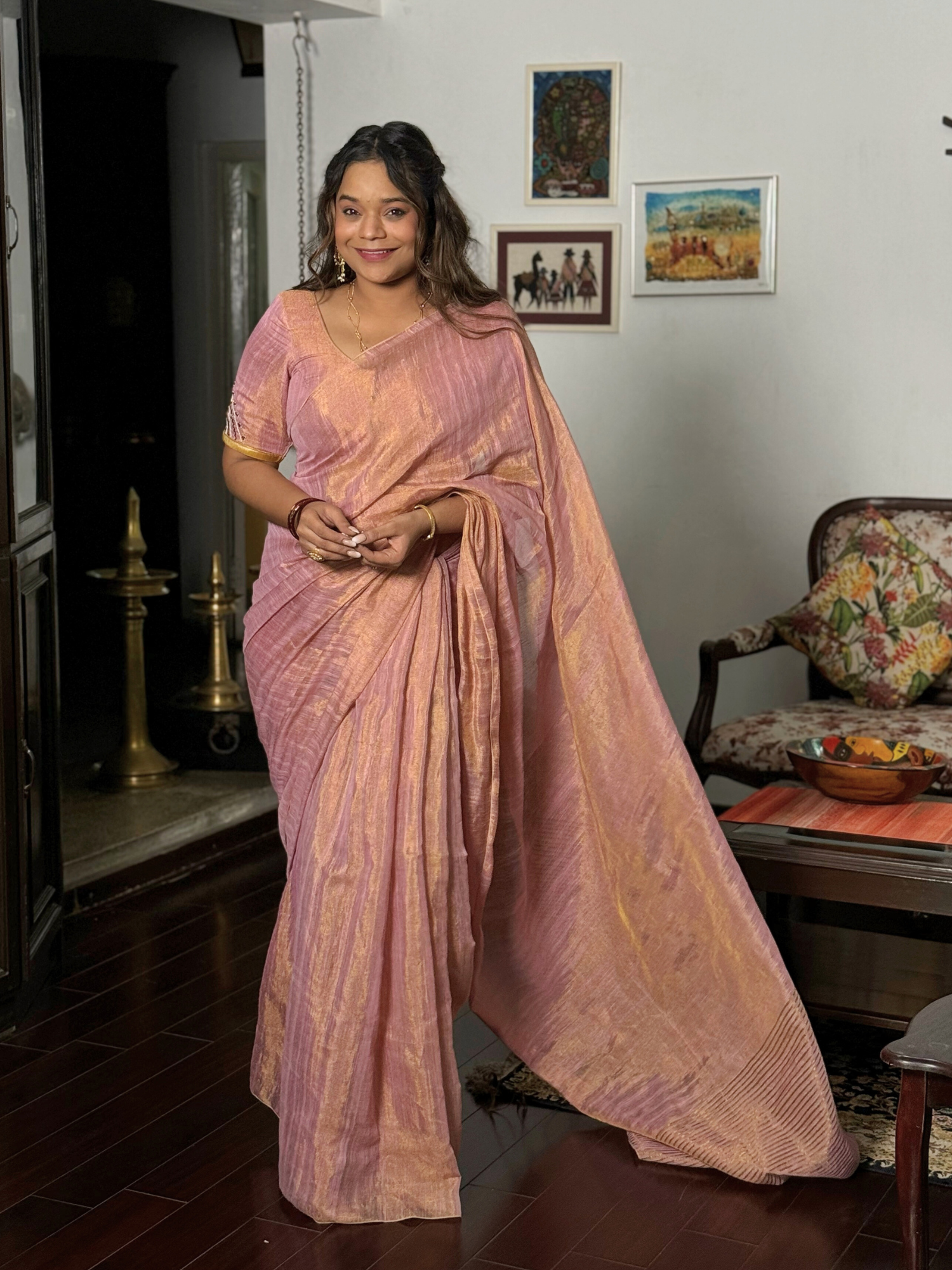 Classic Onion Pink Cotton Tissue Zari Weave Saree Hand Embroidery