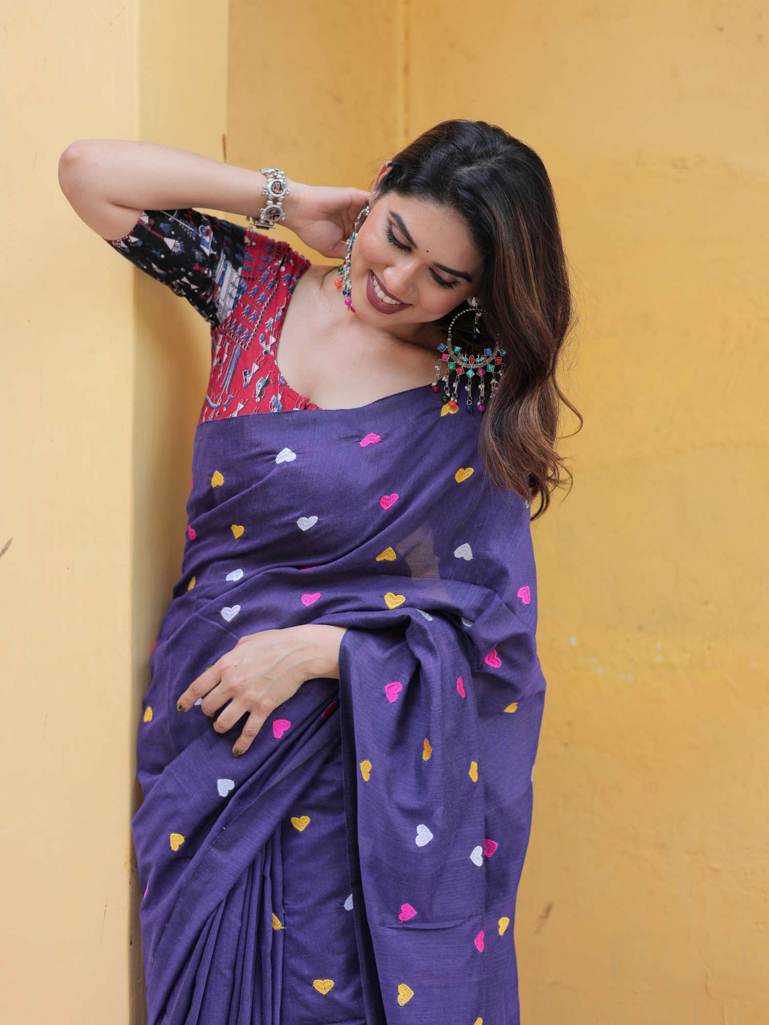 Pretty Purple Cotton Heart Embroidery Saree Printed Blouse - Devika