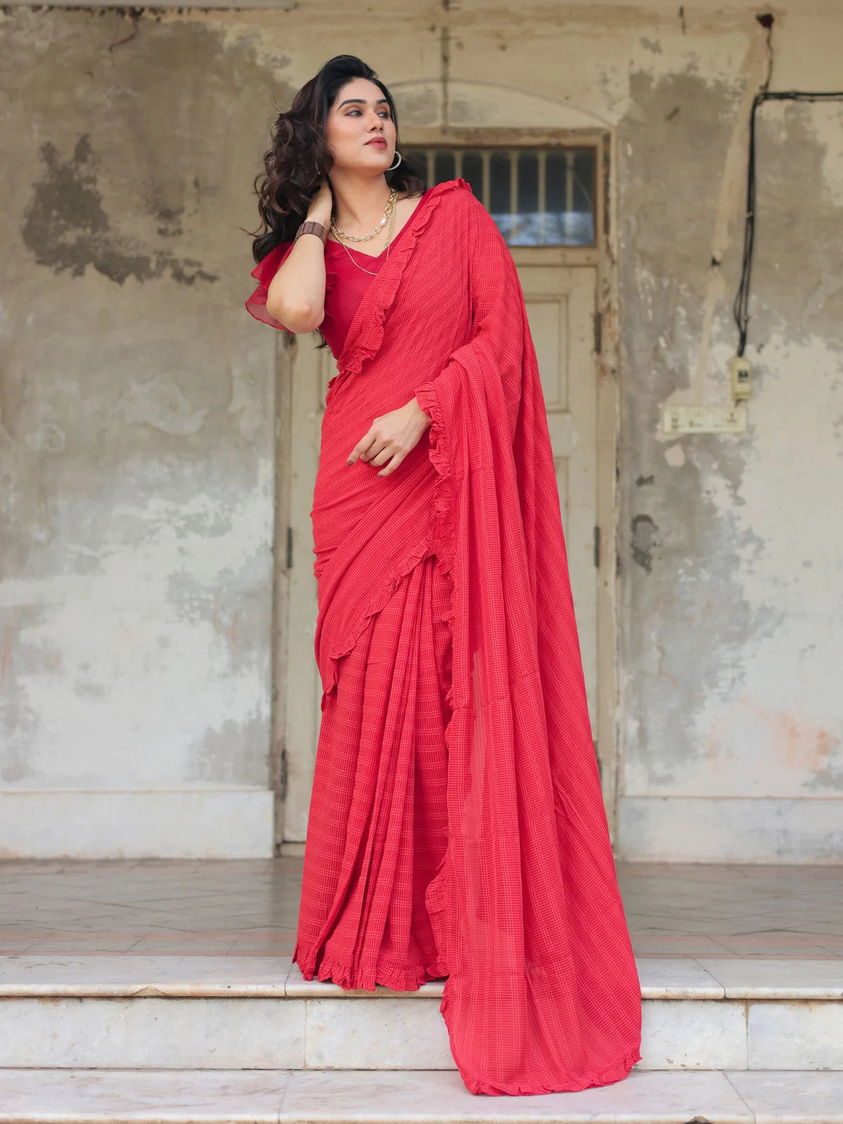 Stunning Red Georgette Rosie Textured Ruffle Saree Checks