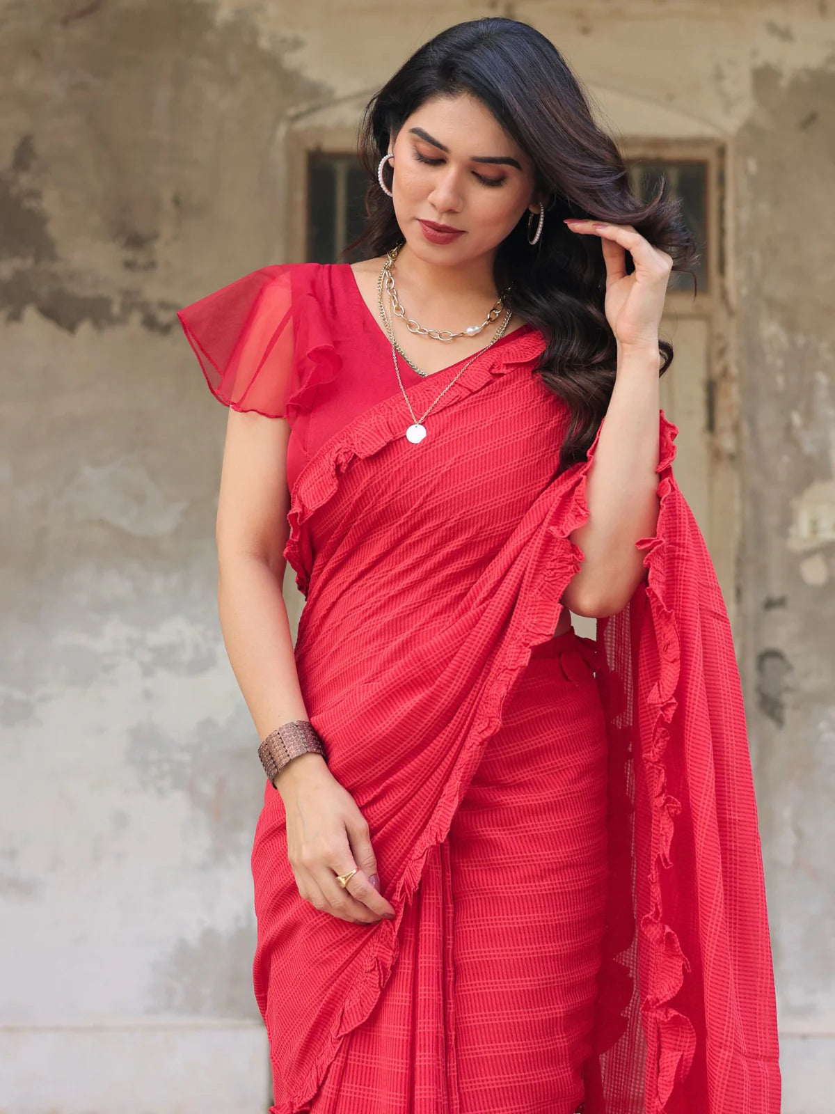 Stunning Red Georgette Rosie Textured Ruffle Saree Checks