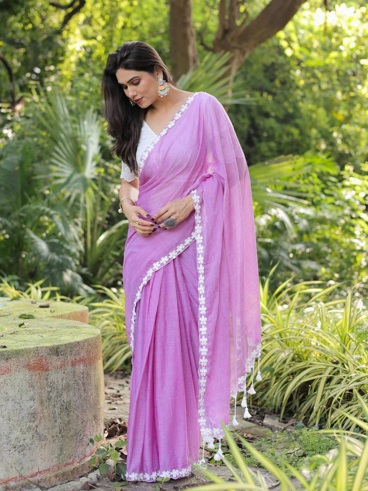 Beautiful Mauve Mul Cotton Violet Flower Lace Saree