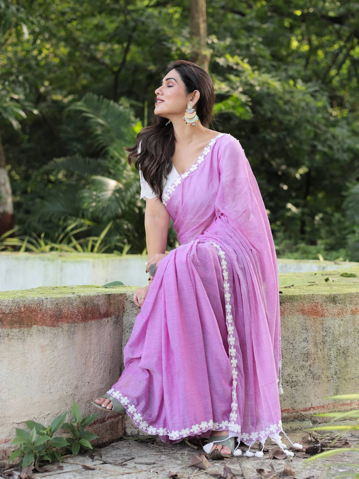 Beautiful Mauve Mul Cotton Violet Flower Lace Saree