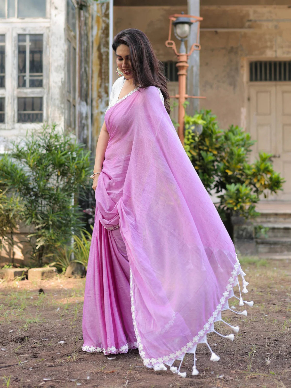 Beautiful Mauve Mul Cotton Violet Flower Lace Saree