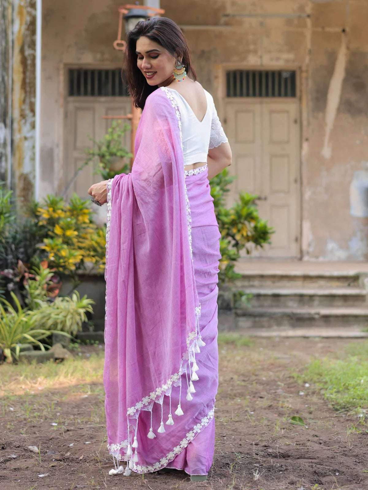Beautiful Mauve Mul Cotton Violet Flower Lace Saree