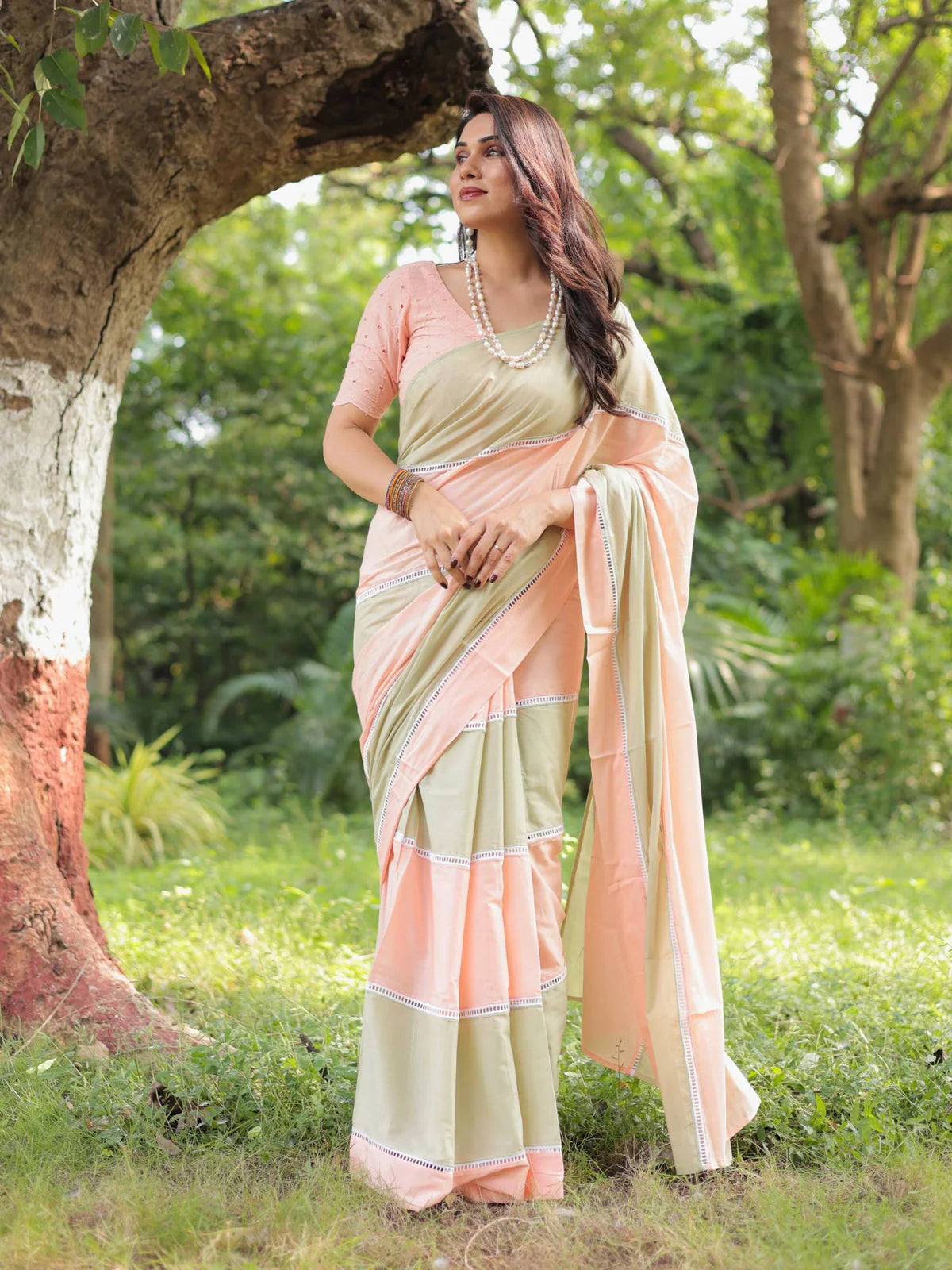 Mouth-watering Peach Green Striped Mul Cotton Cassata Saree Lace