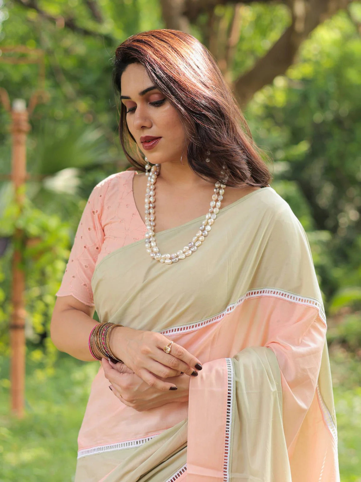 Mouth-watering Peach Green Striped Mul Cotton Cassata Saree Lace