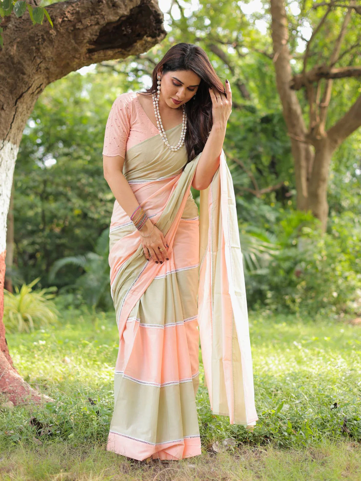 Mouth-watering Peach Green Striped Mul Cotton Cassata Saree Lace