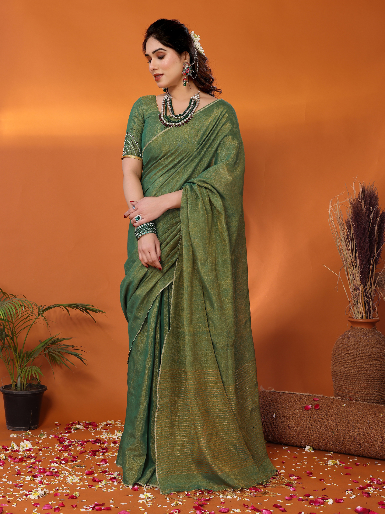 Enchanting Green Striped Tissue Linen Jodha Saree Hand Embroidery