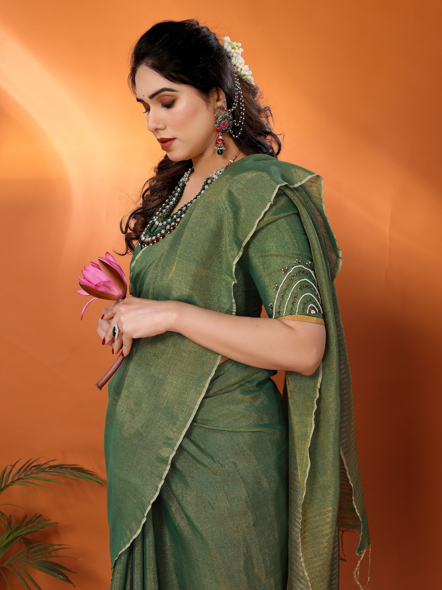 Enchanting Green Striped Tissue Linen Jodha Saree Hand Embroidery