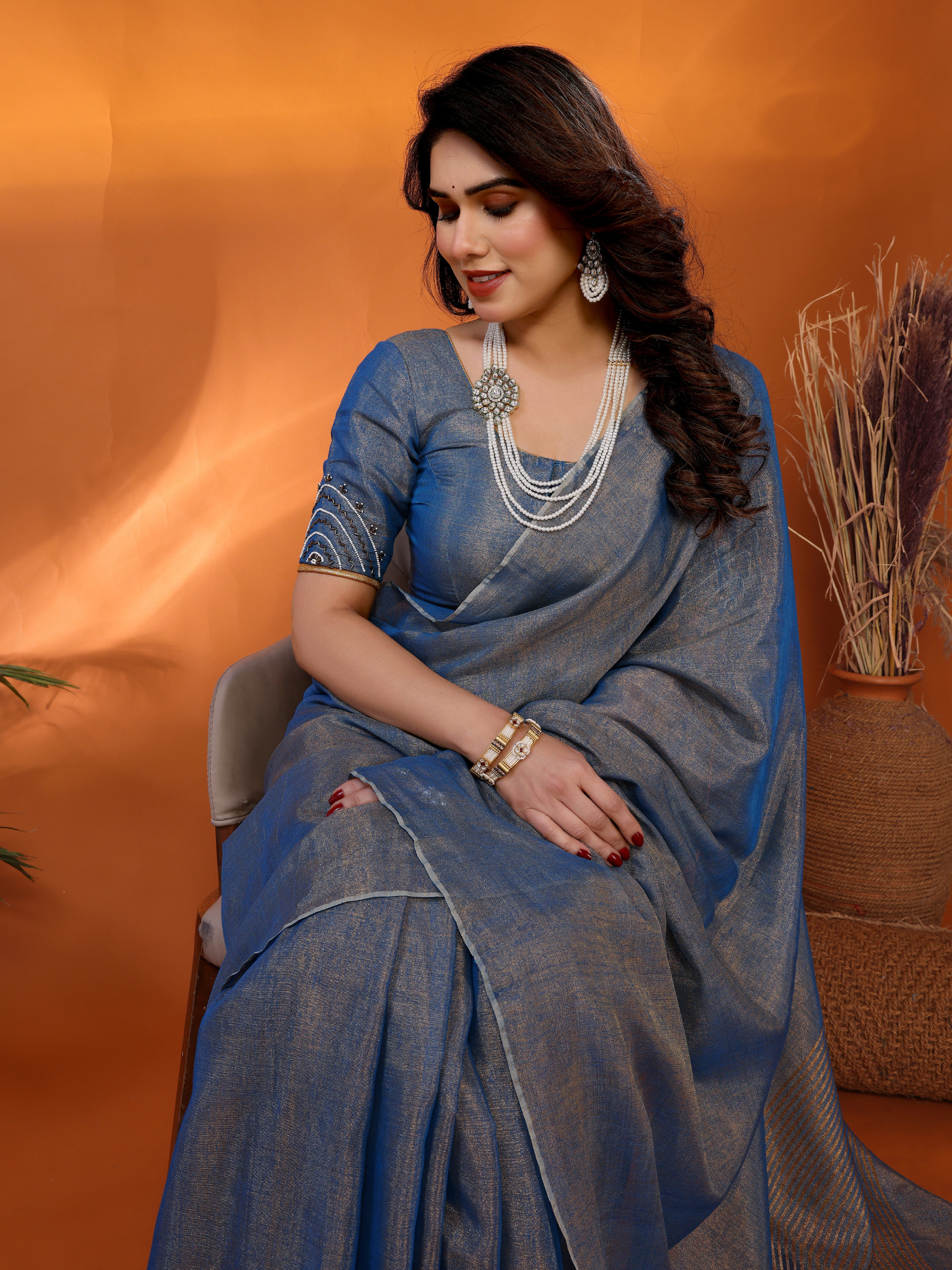 Enchanting Blue Tissue Linen Chandrika Saree Hand Embroidery