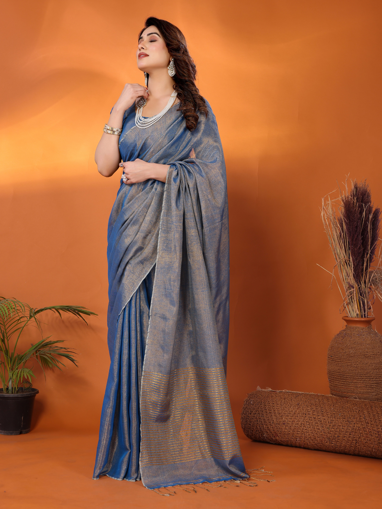 Enchanting Blue Tissue Linen Chandrika Saree Hand Embroidery