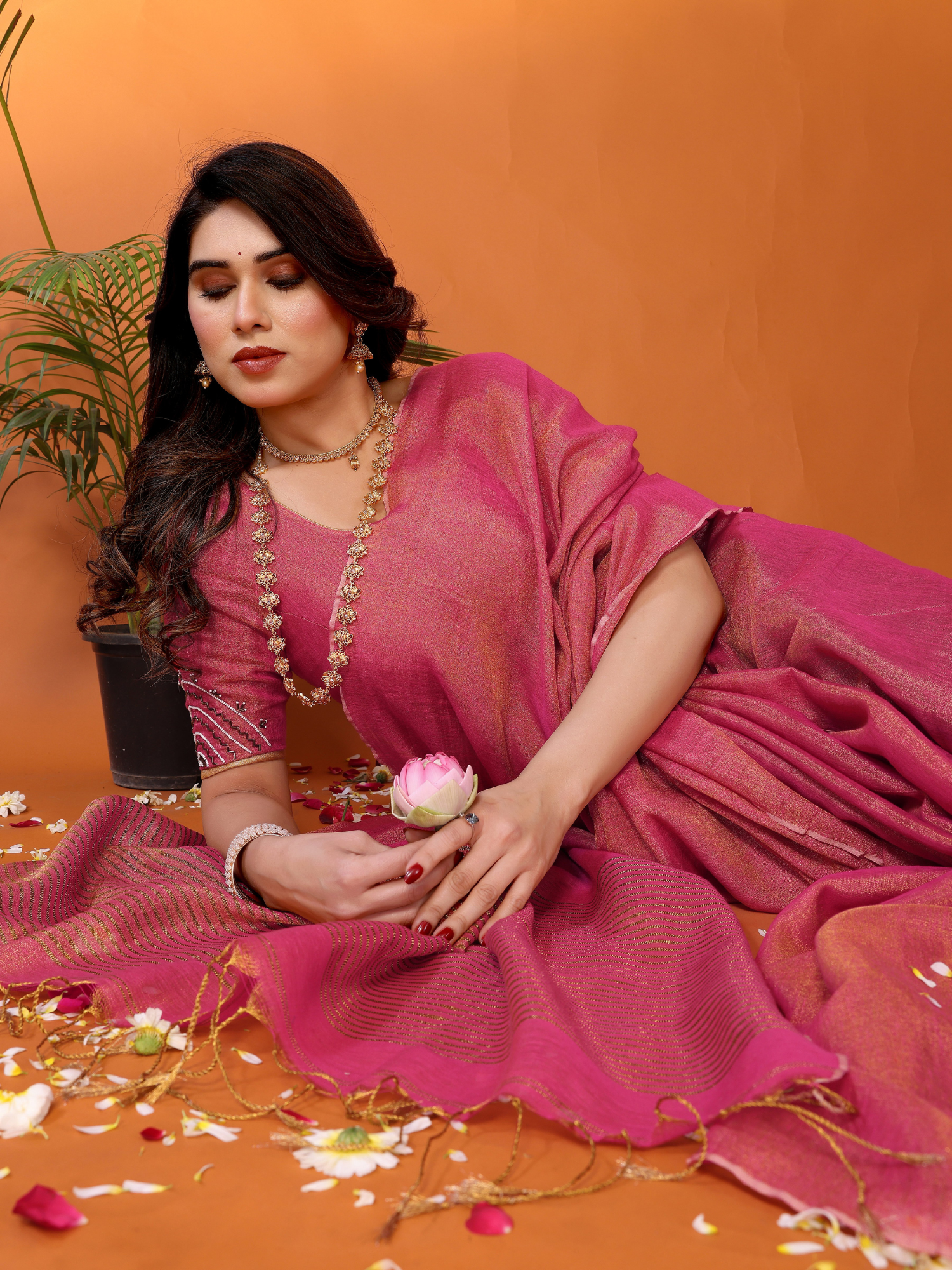 Enchanting Coral Pink Tissue Linen Padmani Saree Hand Embroidery