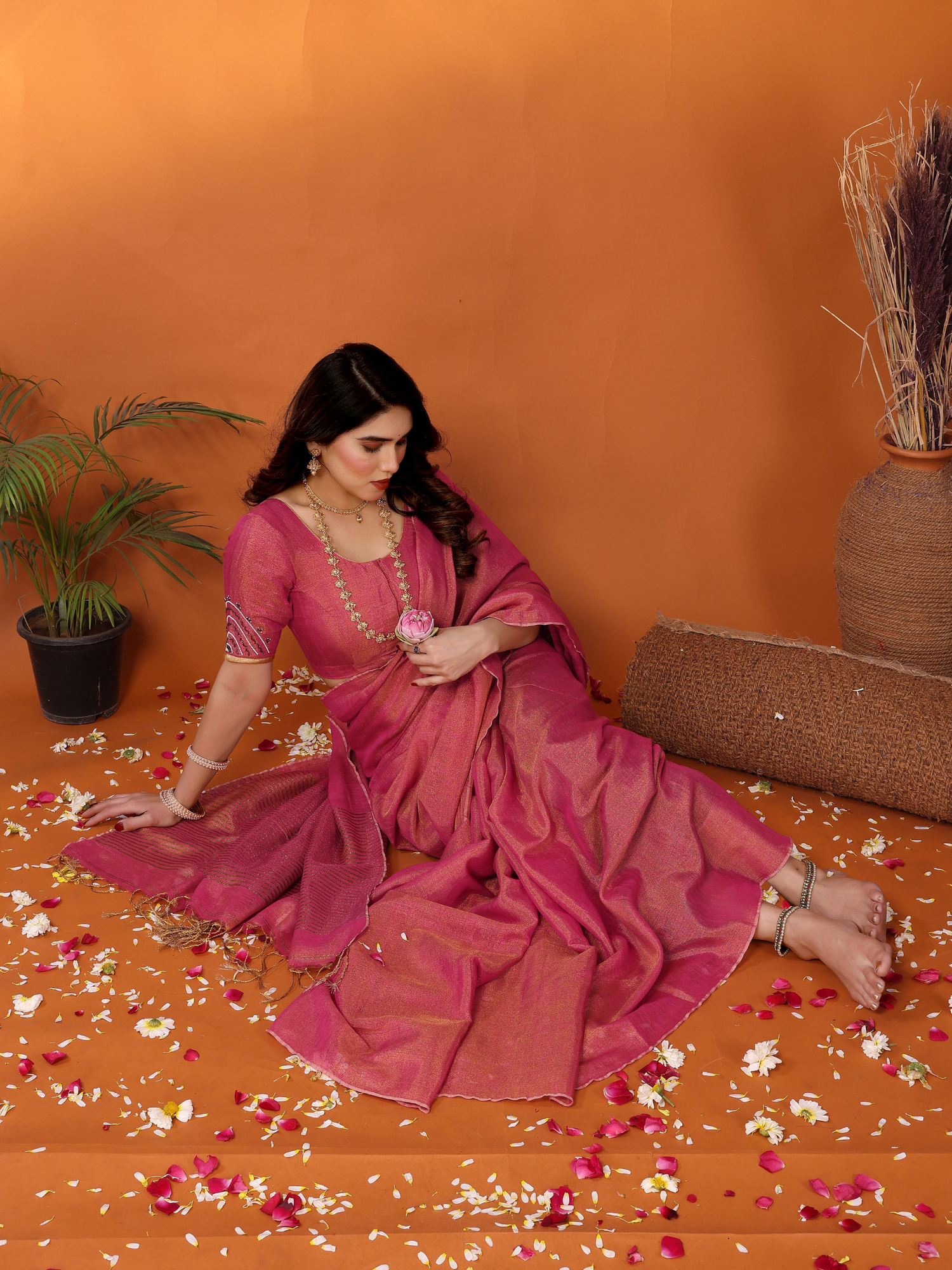 Enchanting Coral Pink Tissue Linen Padmani Saree Hand Embroidery