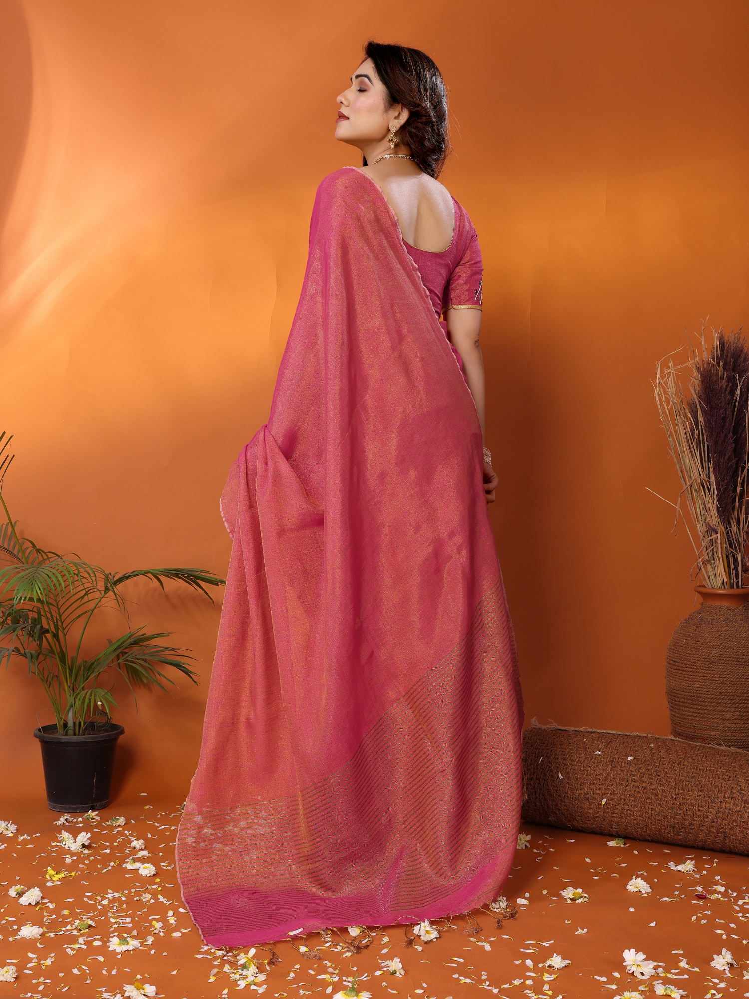 Enchanting Coral Pink Tissue Linen Padmani Saree Hand Embroidery