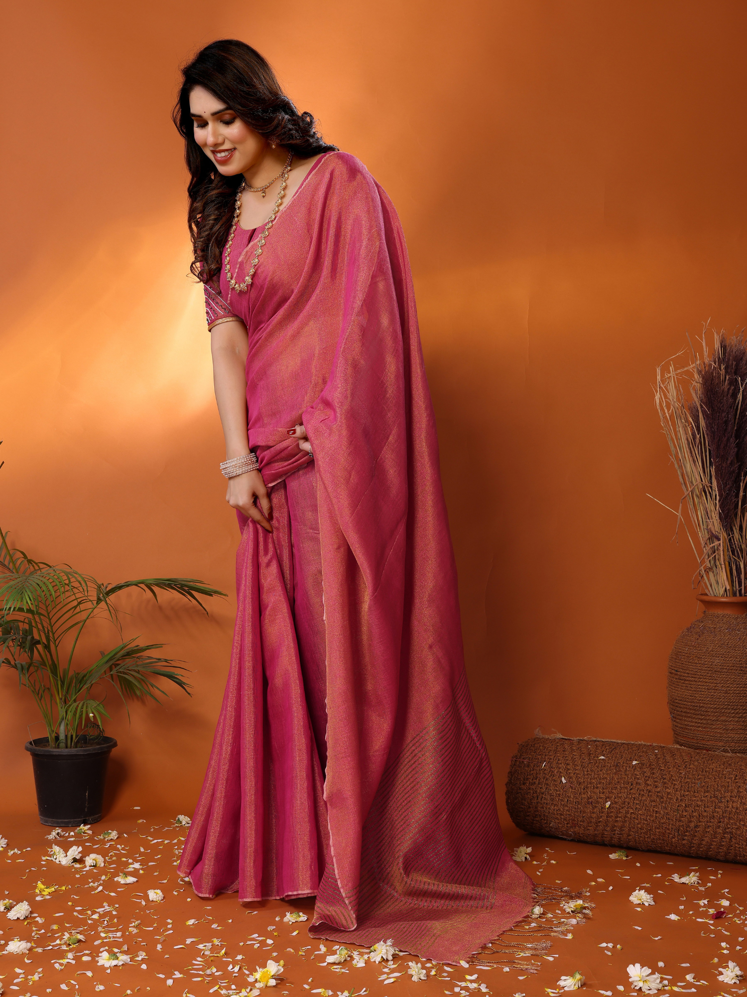 Enchanting Coral Pink Tissue Linen Padmani Saree Hand Embroidery
