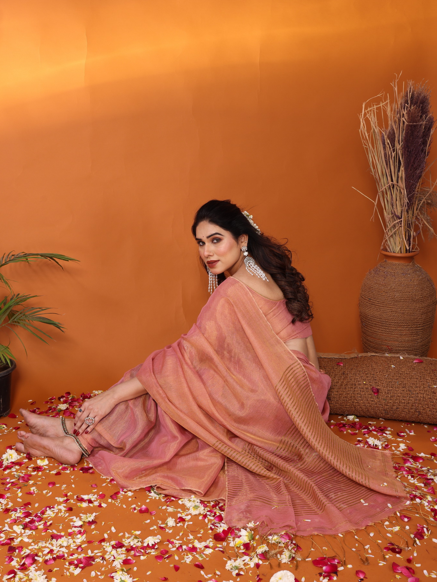 Enchanting Onion Pink Tissue Linen Rukmani Saree Hand Embroidery