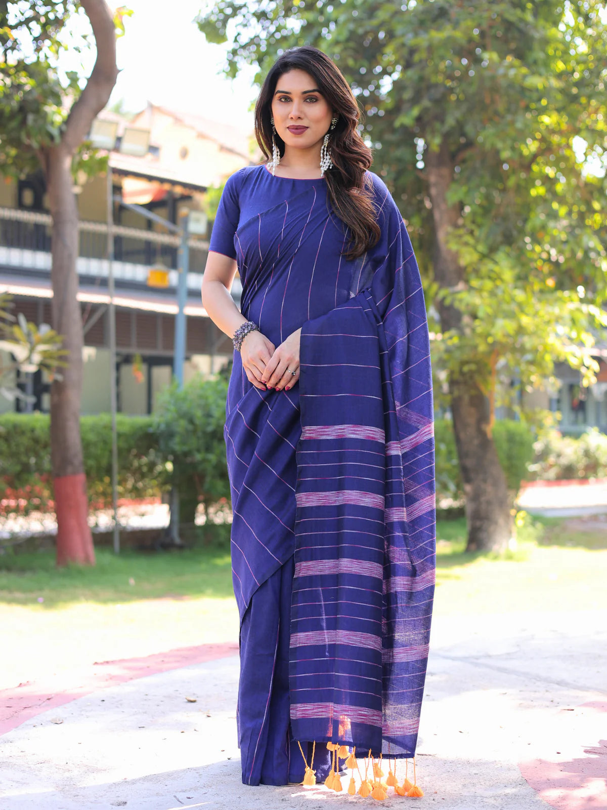 Stunning Electric Blue Kotki Cotton Banjara Saree Tassels