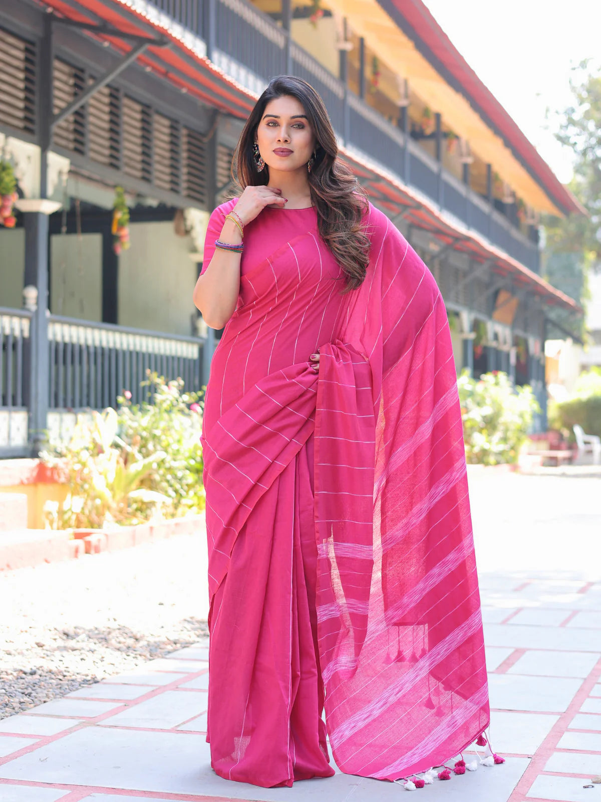 Stunning Rani Pink Kotki Cotton Gulabi Saree Tassels
