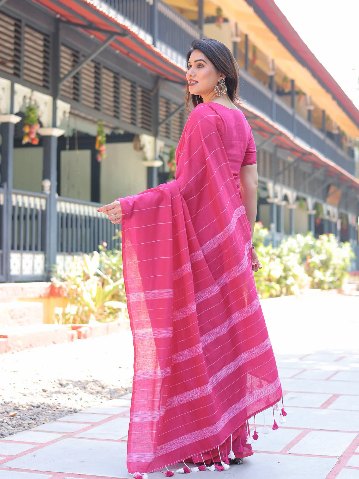 Stunning Rani Pink Kotki Cotton Gulabi Saree Tassels