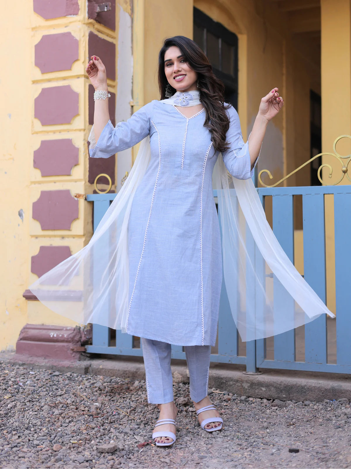 Stylish Blue Grey Cotton Chambray Sitara Suit Set Lace Detail