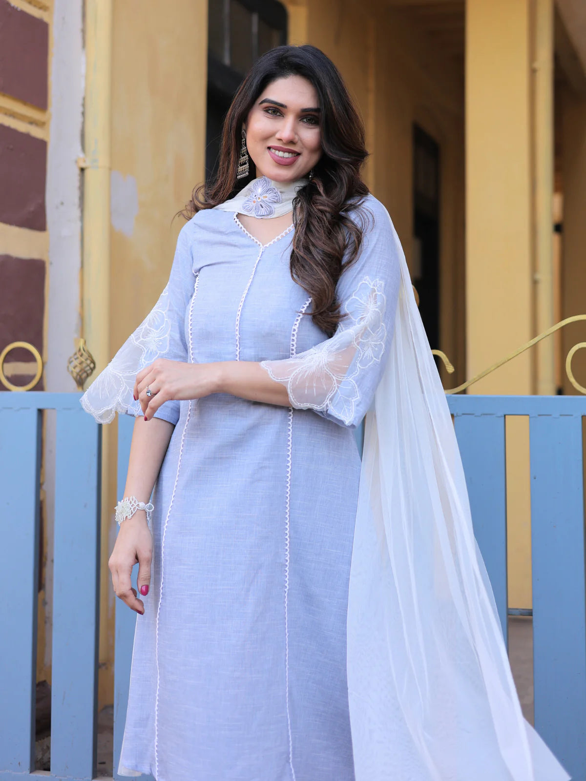 Stylish Blue Grey Cotton Chambray Sitara Suit Set Lace Detail