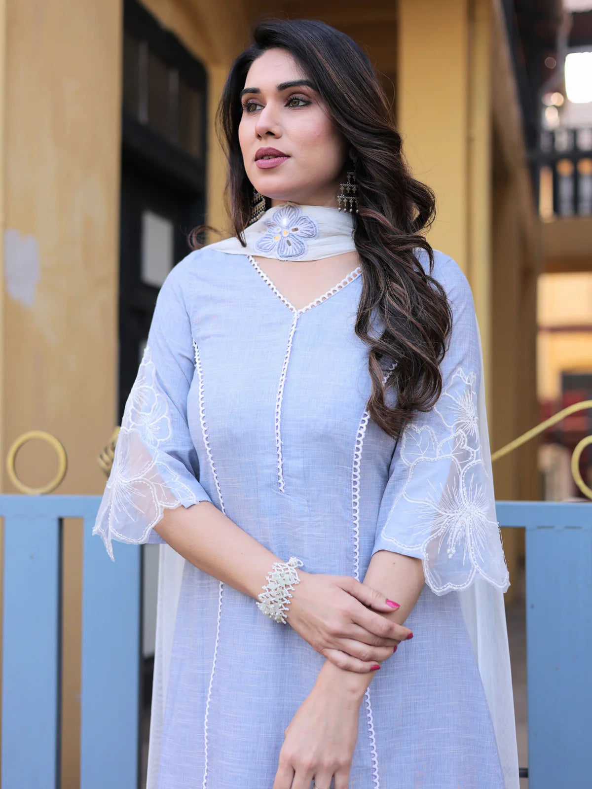 Stylish Blue Grey Cotton Chambray Sitara Suit Set Lace Detail
