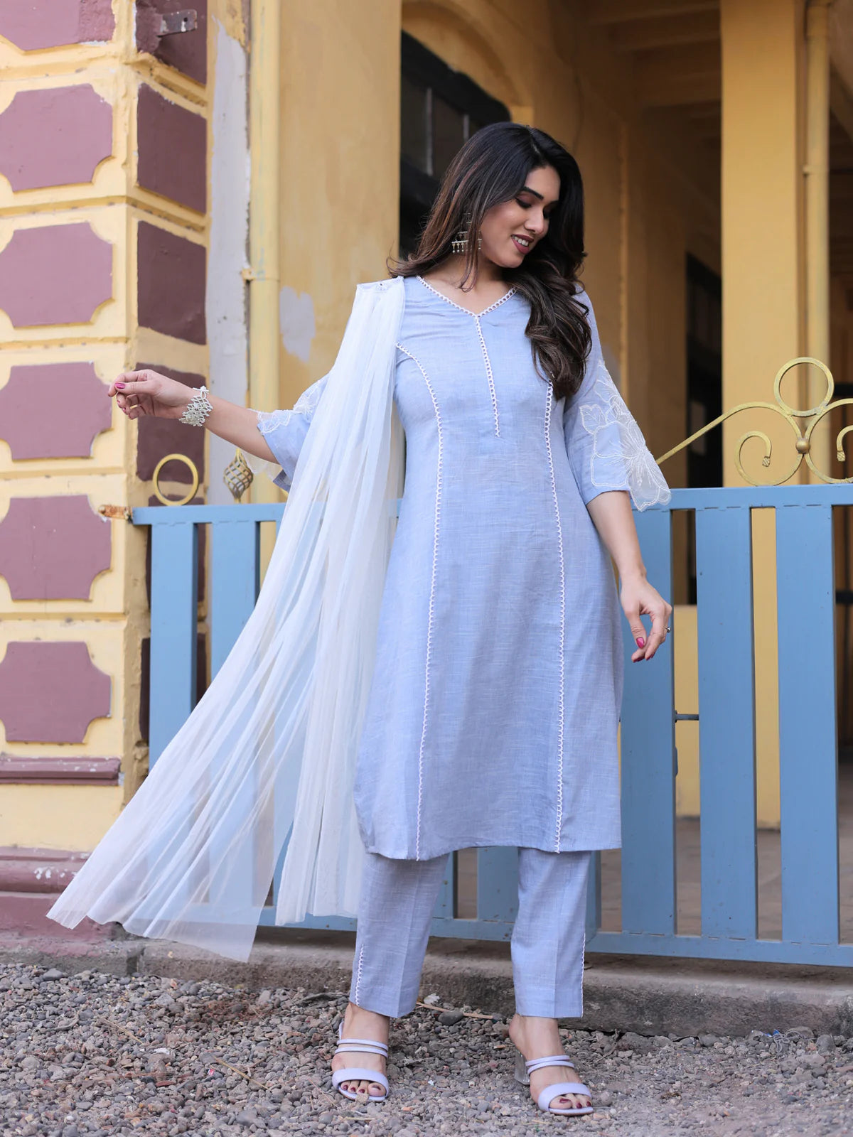 Stylish Blue Grey Cotton Chambray Sitara Suit Set Lace Detail