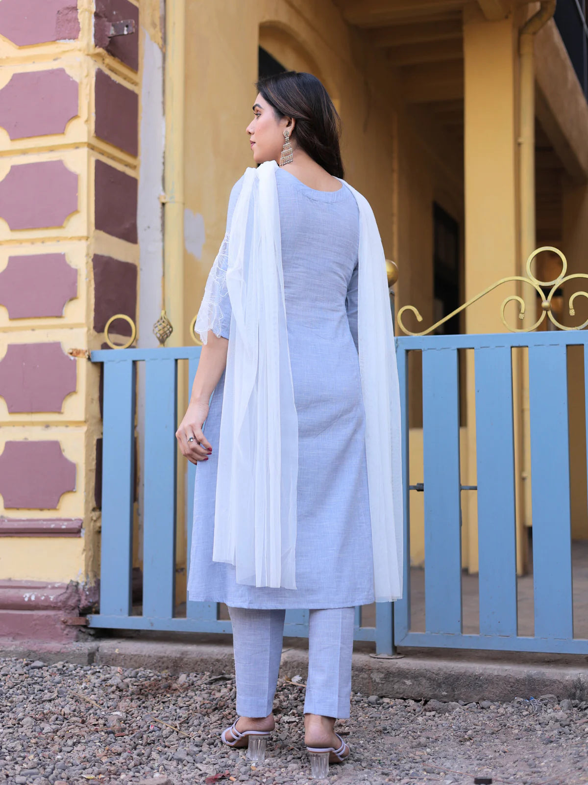 Stylish Blue Grey Cotton Chambray Sitara Suit Set Lace Detail