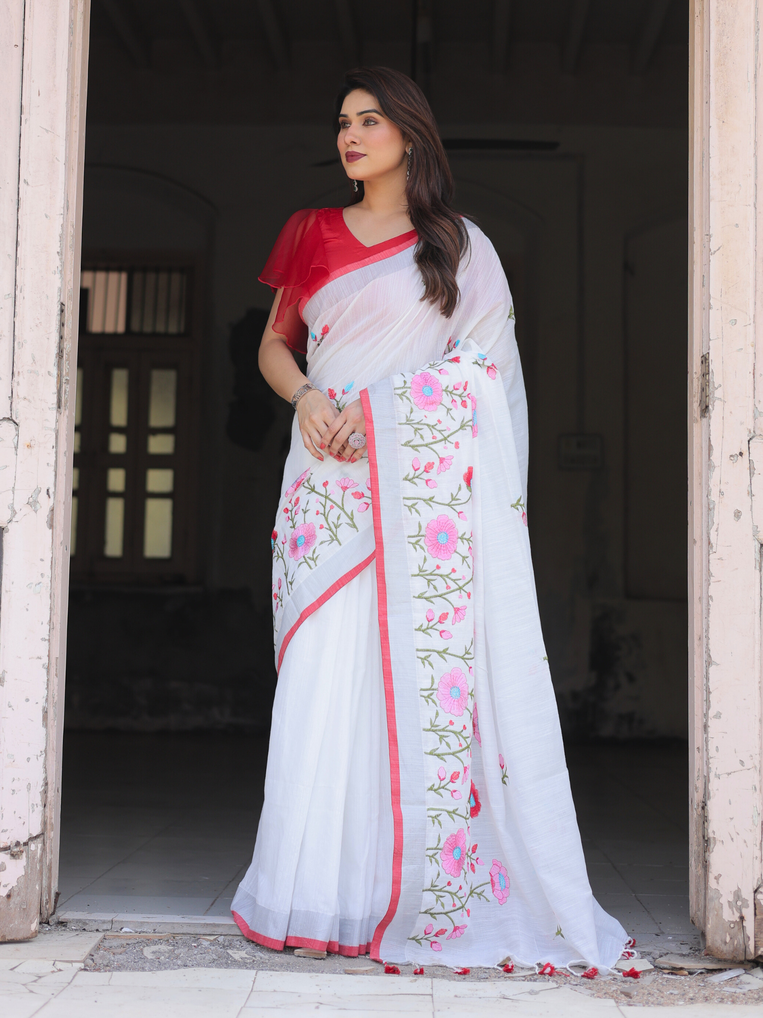 Poppy fields cotton saree with contrast blouse