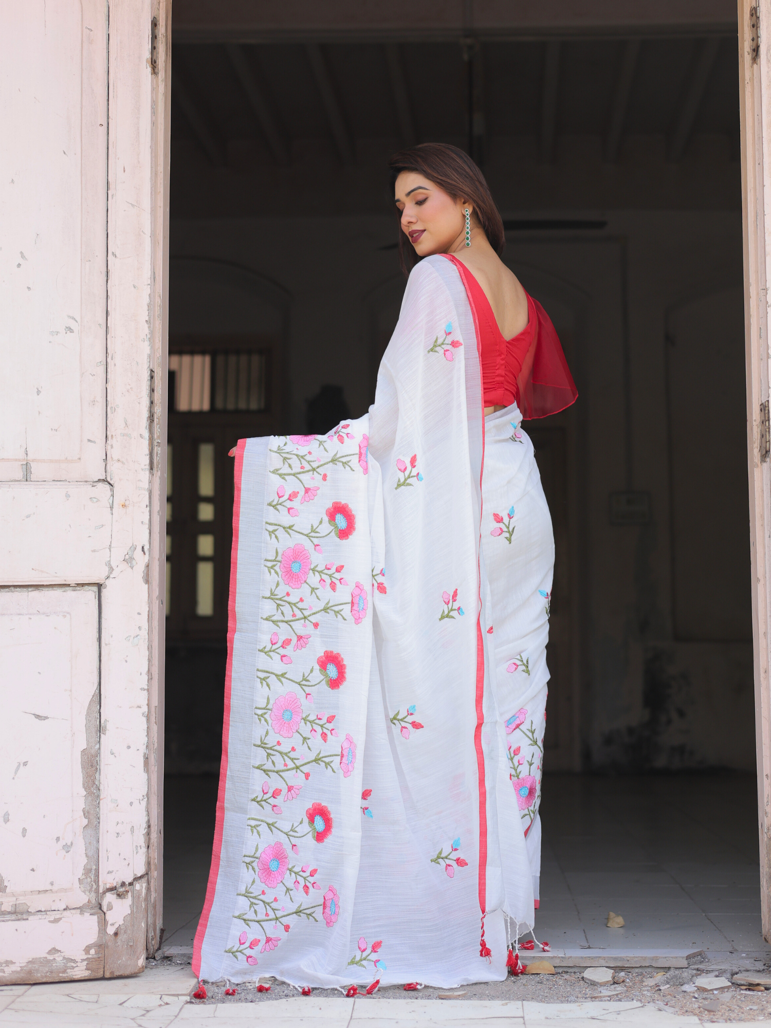 Poppy fields cotton saree with contrast blouse