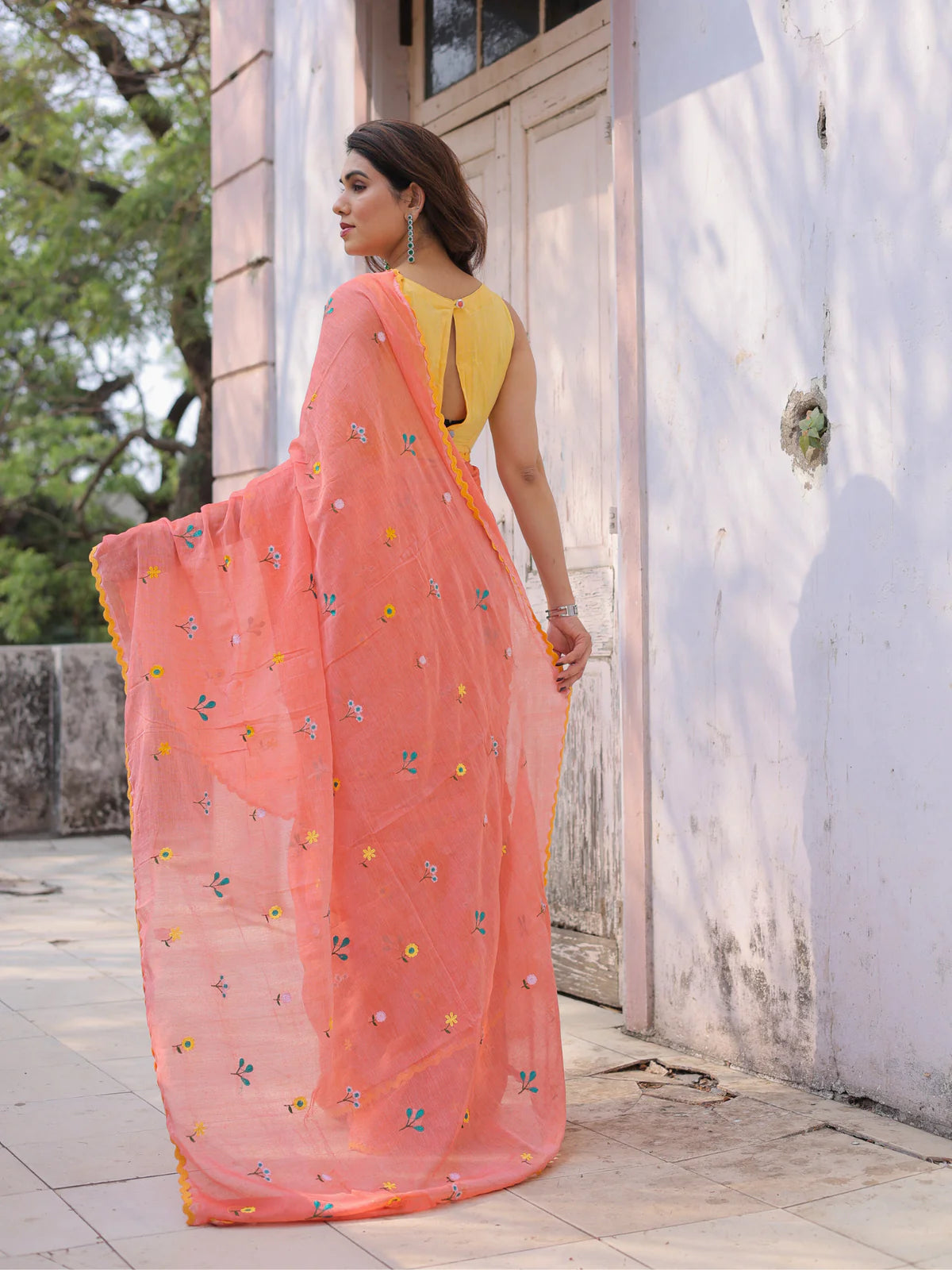 Prettiest Peach Mul Cotton Ganik Embroidered Saree Floral Lace