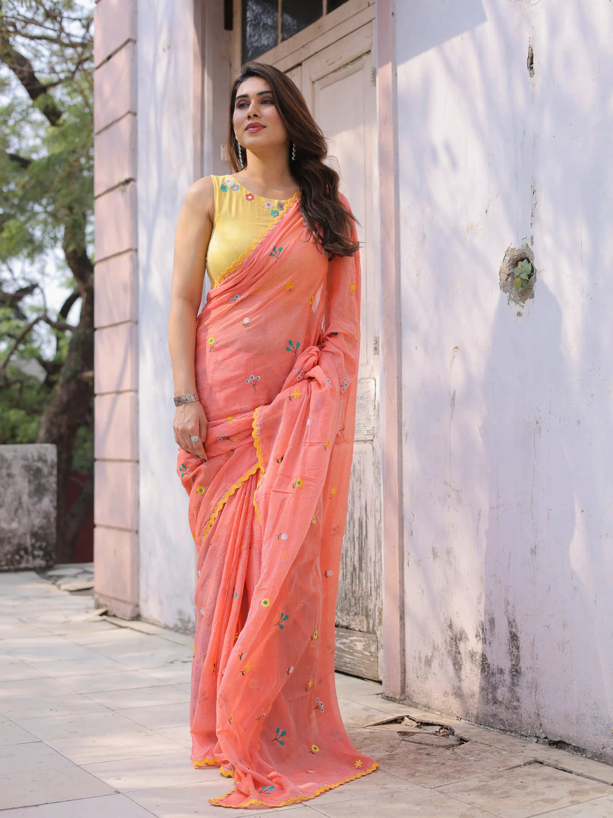 Prettiest Peach Mul Cotton Ganik Embroidered Saree Floral Lace