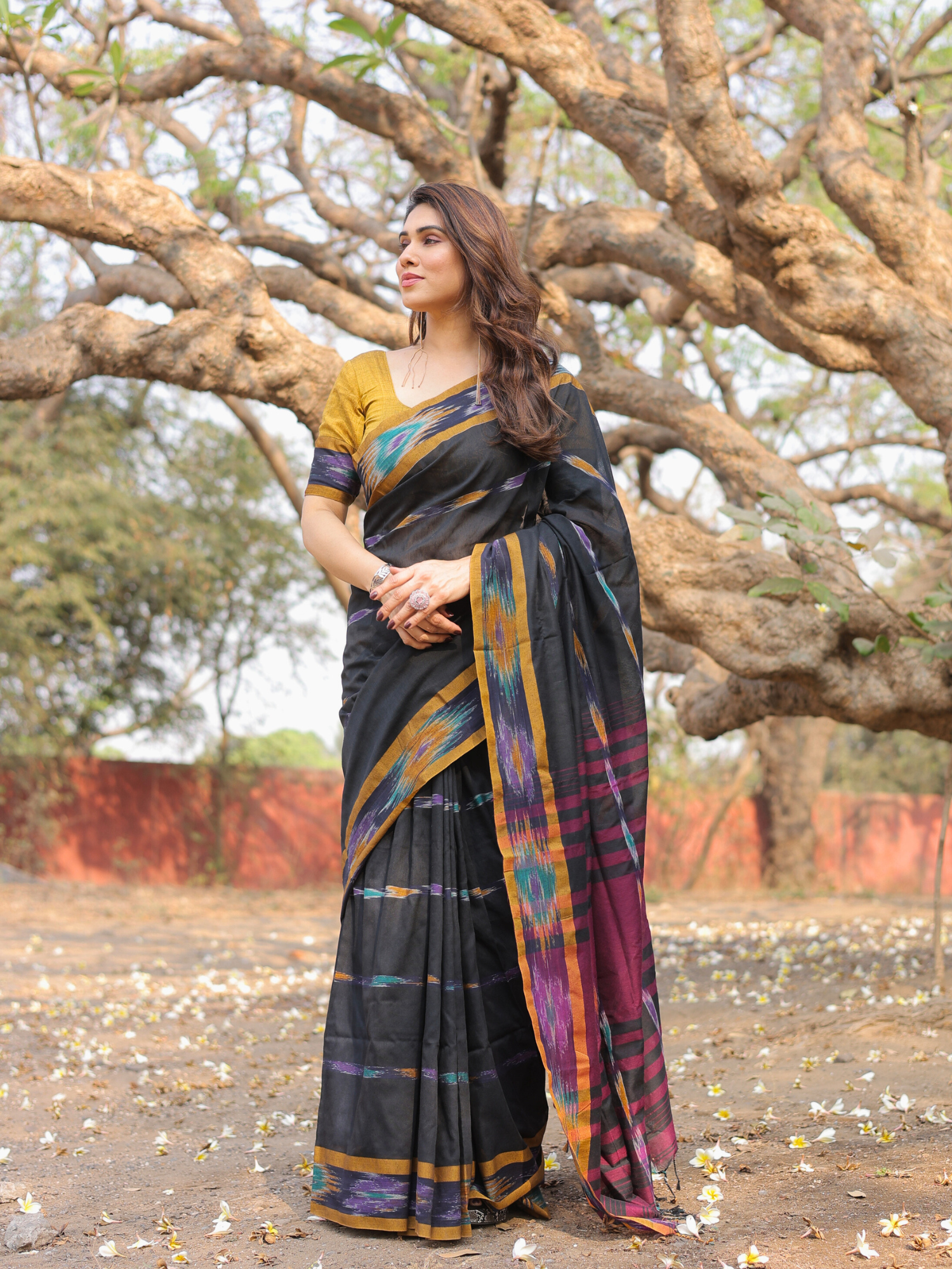 Darsh black ikat weave saree with contrast blouse